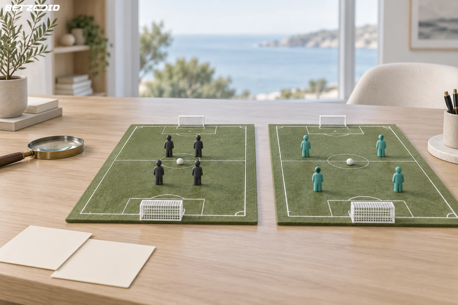 Two miniature soccer pitches compare four closely placed figures with four spread-out figures.