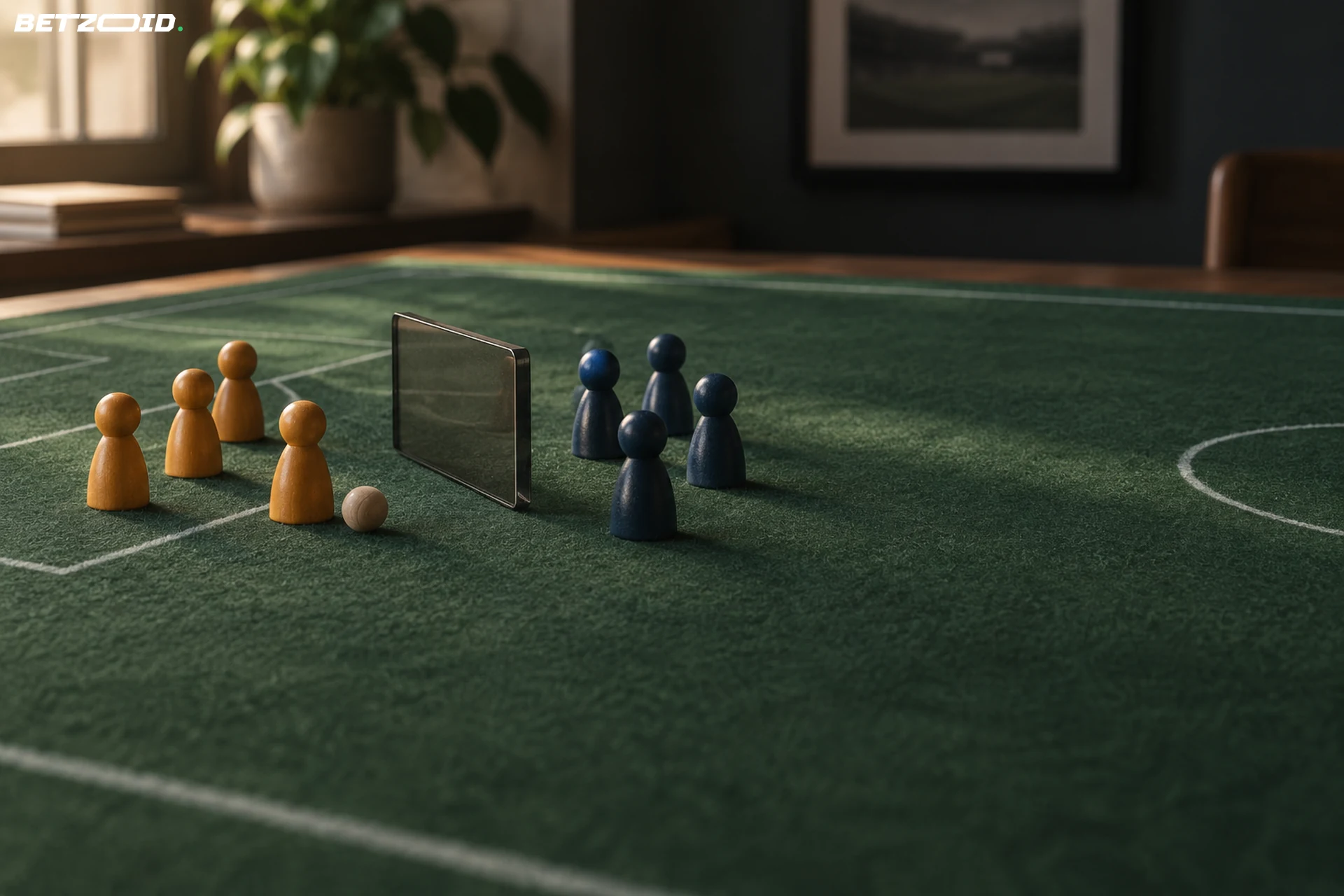 Pions ambrés et bleus sur un terrain en feutre, séparés par un petit écran mobile.