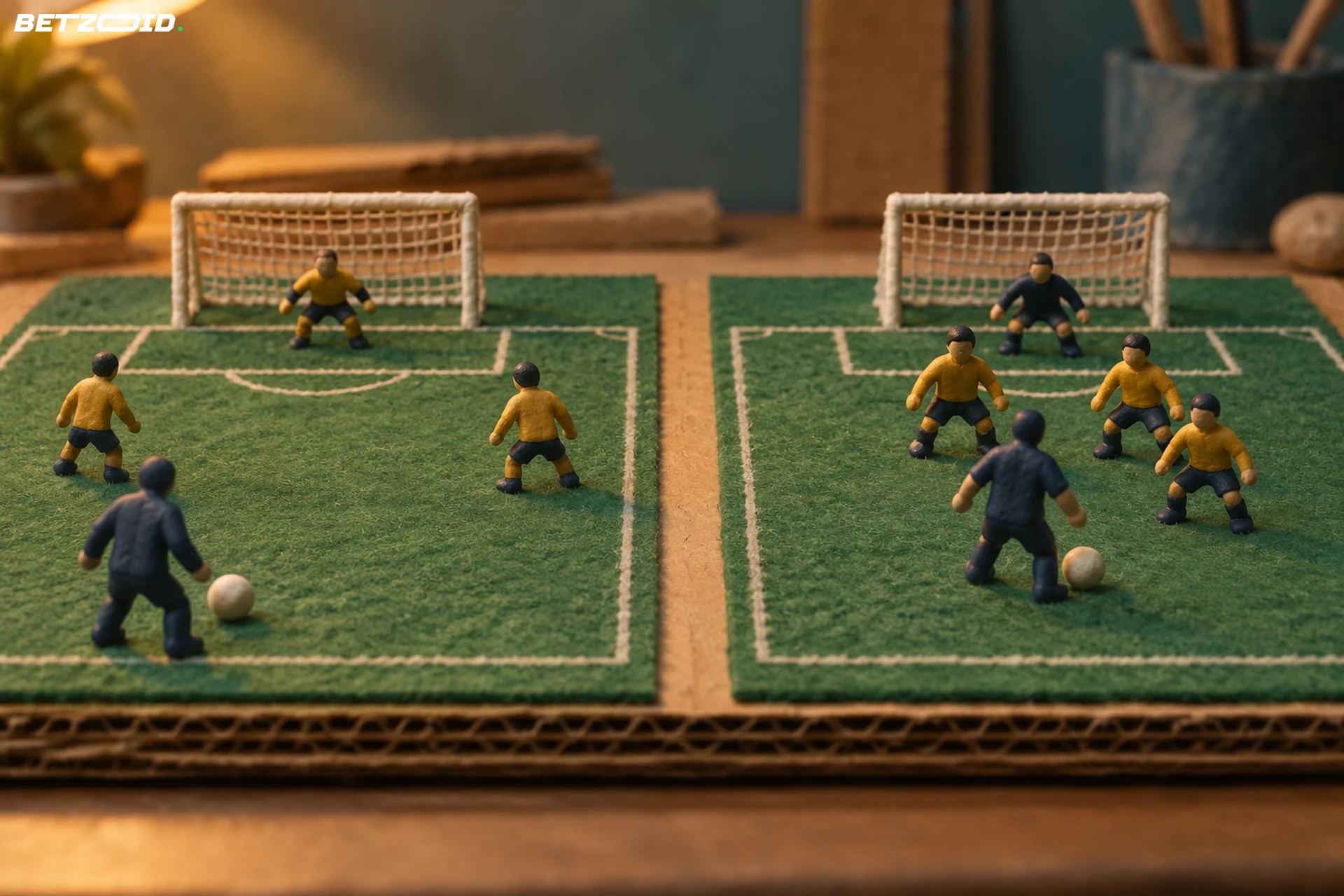 Deux zones de but miniatures en feutre, avec des figurines plus espacées à gauche et plus regroupées à droite.