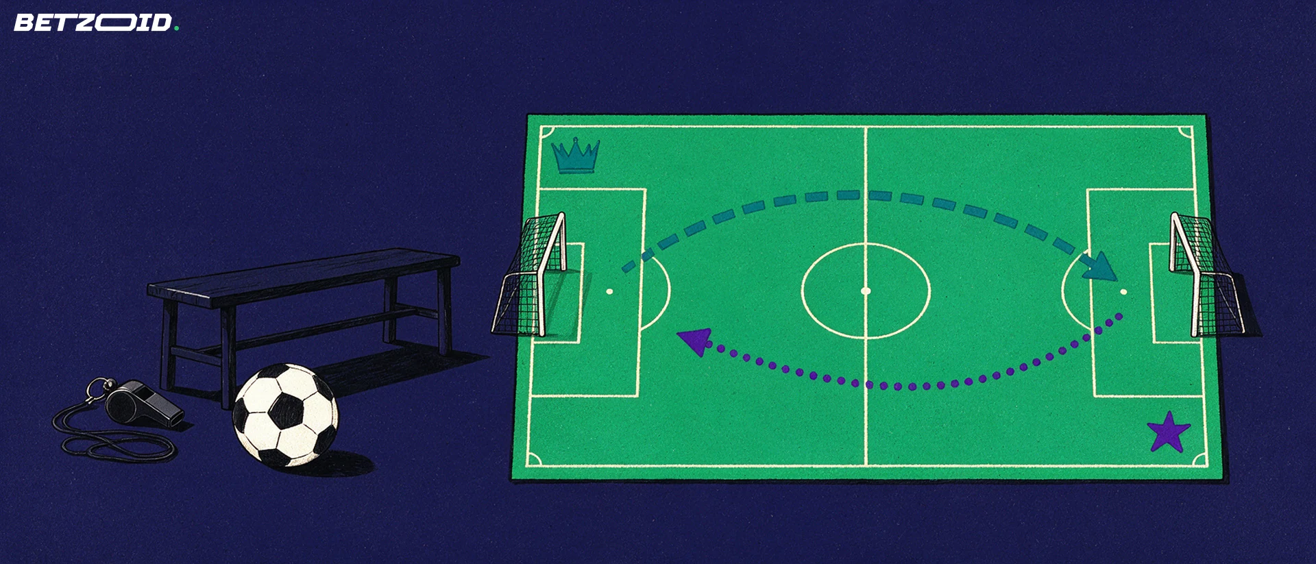 Illustration d’un terrain, d’un ballon et de l’analyse tactique au football.