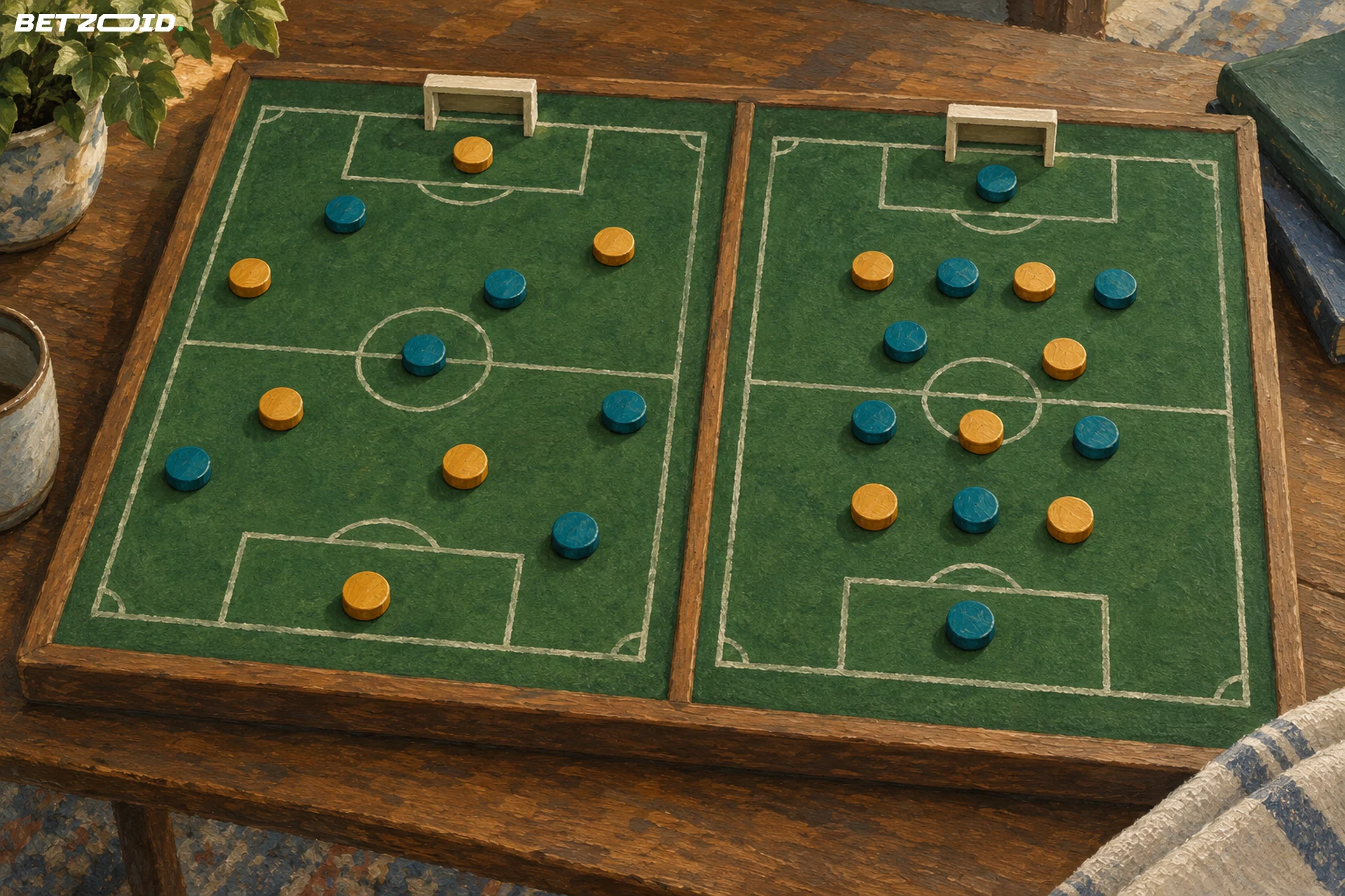 Deux plateaux de football peints, avec des pions espacés à gauche et regroupés à droite.