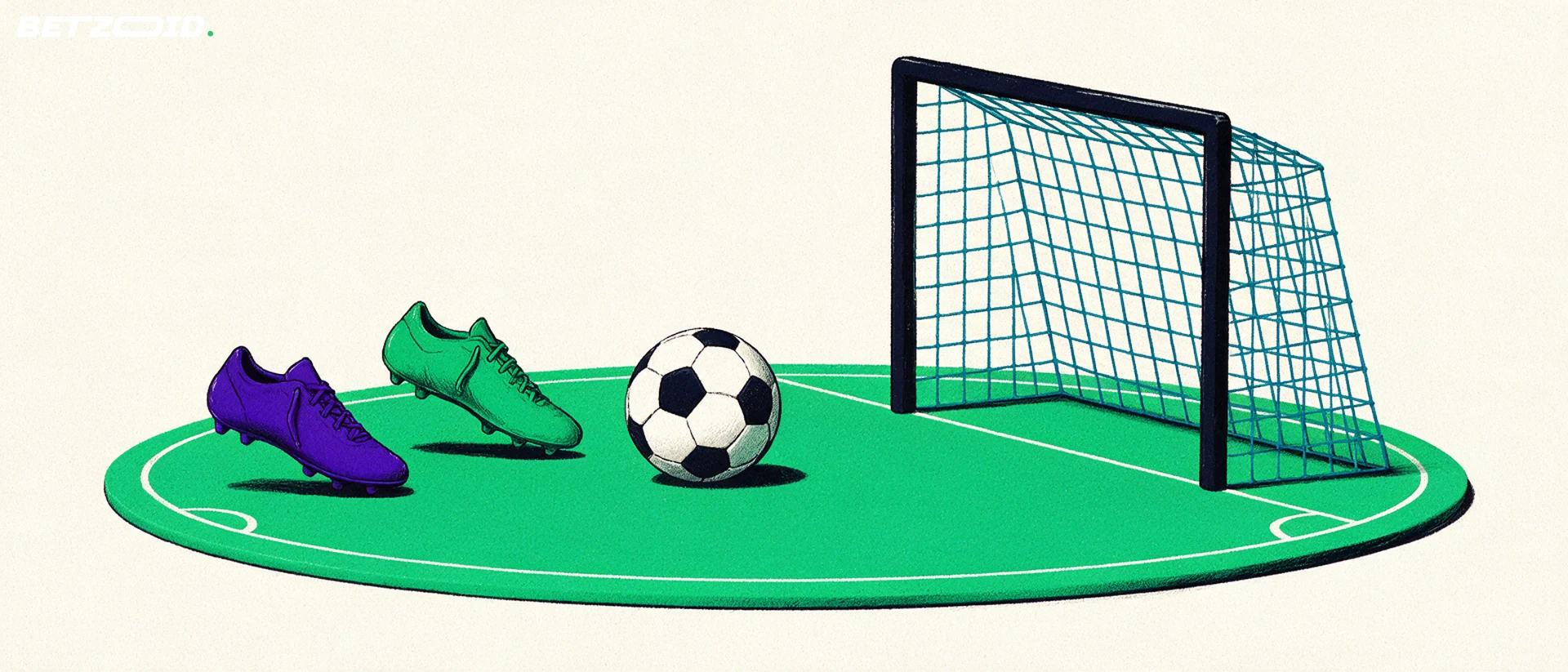 Ilustração de um campo, uma bola e elementos de análise tática.