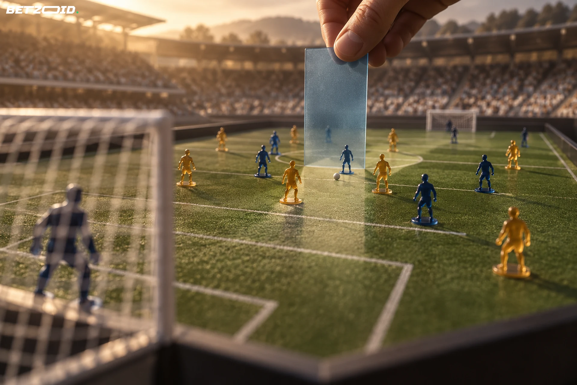 Uma mão retira uma divisória translúcida de uma maquete de campo com jogadores em miniatura.