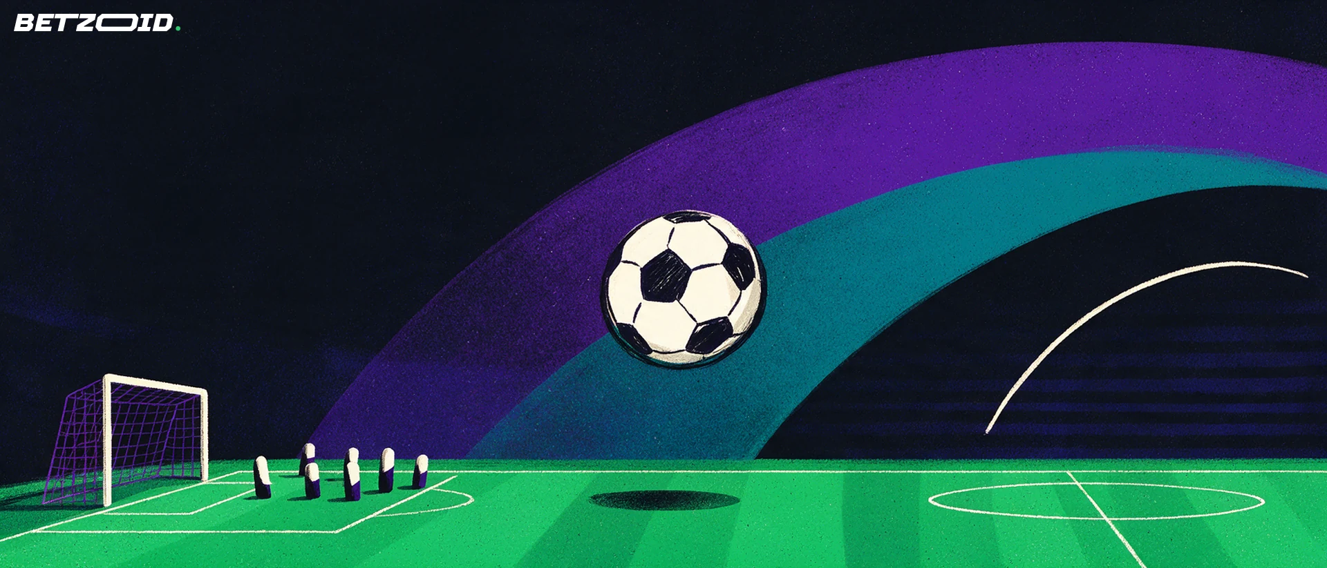 Ilustração de um campo, uma bola e elementos de análise tática.