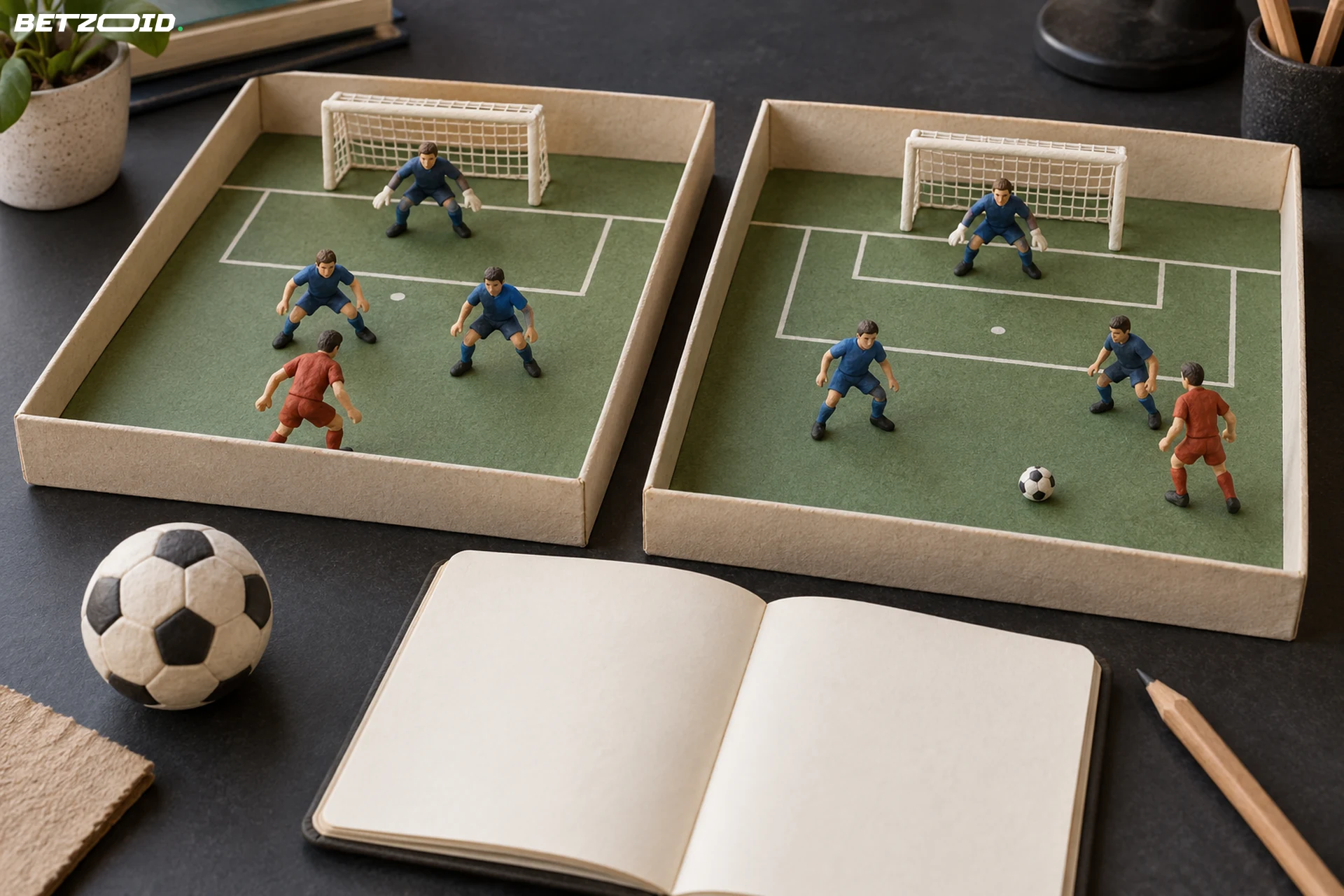 Two cardboard soccer trays show different defensive positions beside a blank notebook and a ball.