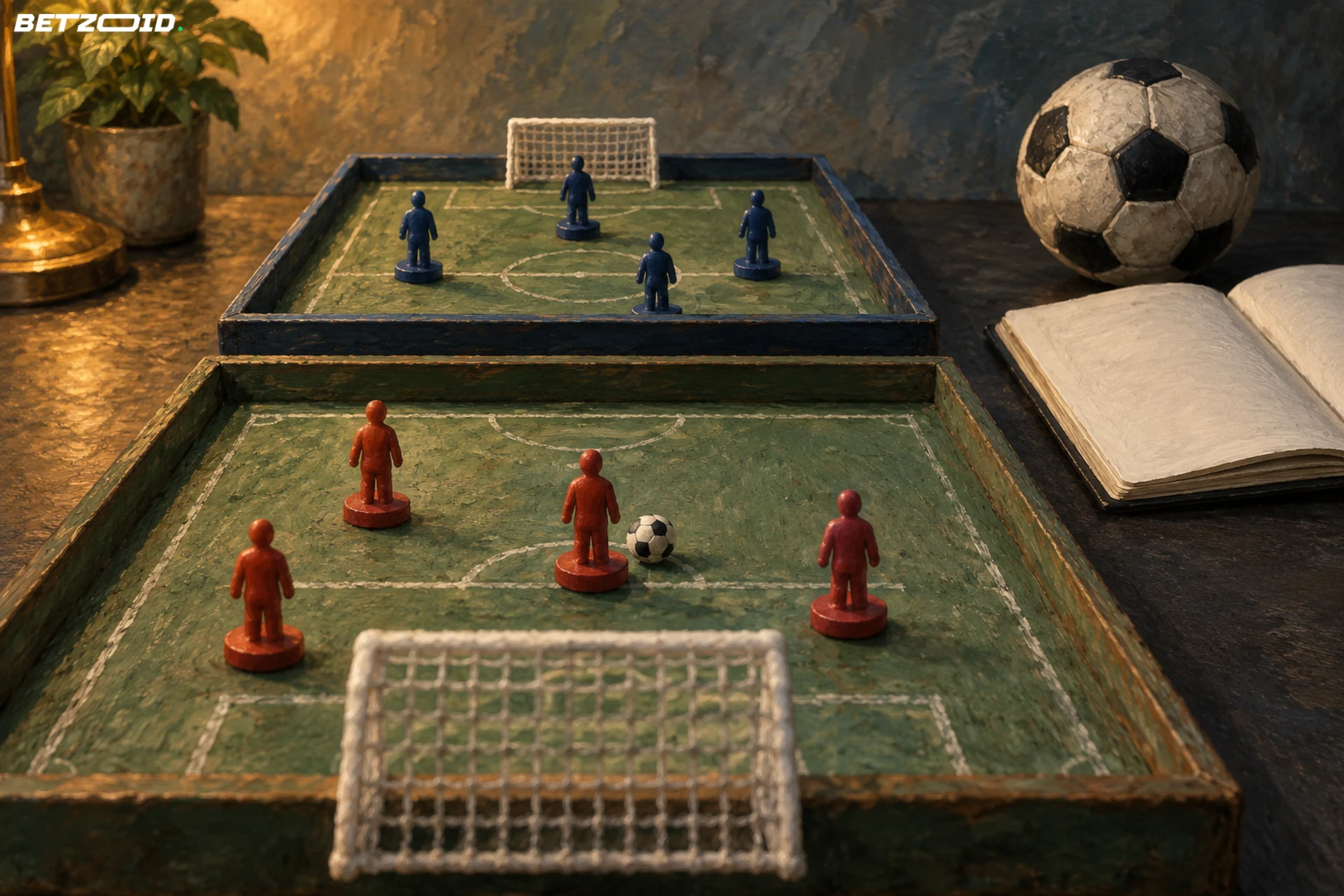 Painted team trays separate four red markers from four blue markers beside a blank notebook.