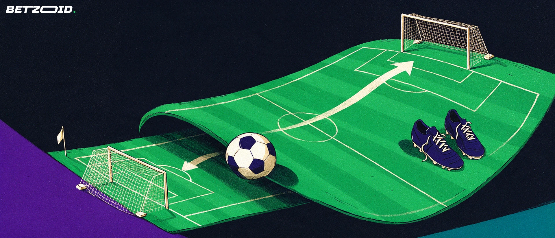 Illustration of a football pitch, ball and tactical analysis.