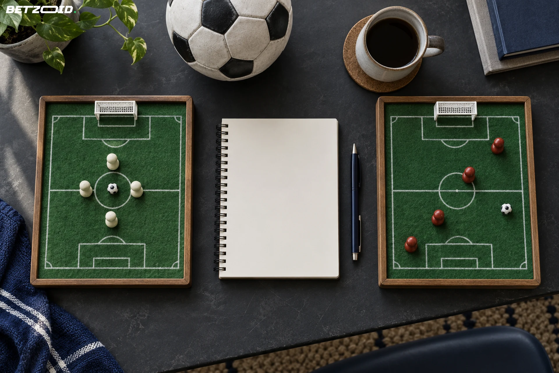 An overhead soccer workspace with two four-marker pitch trays and a blank notebook between them.