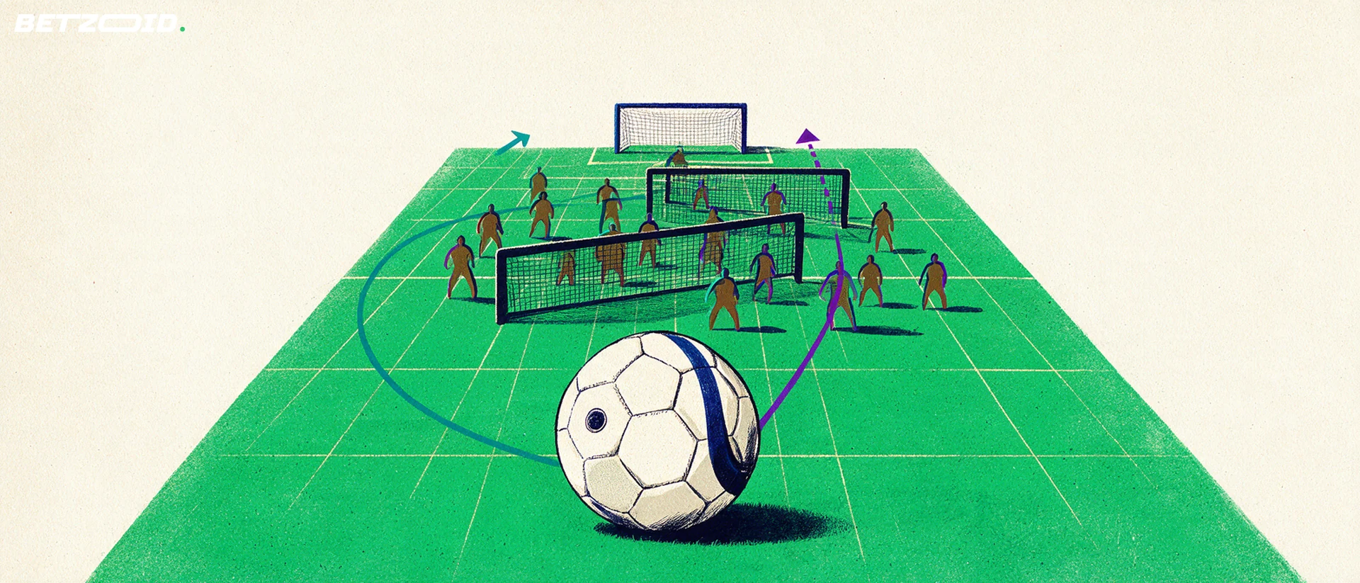 Illustration eines Fußballfelds mit Ball und taktischen Elementen.