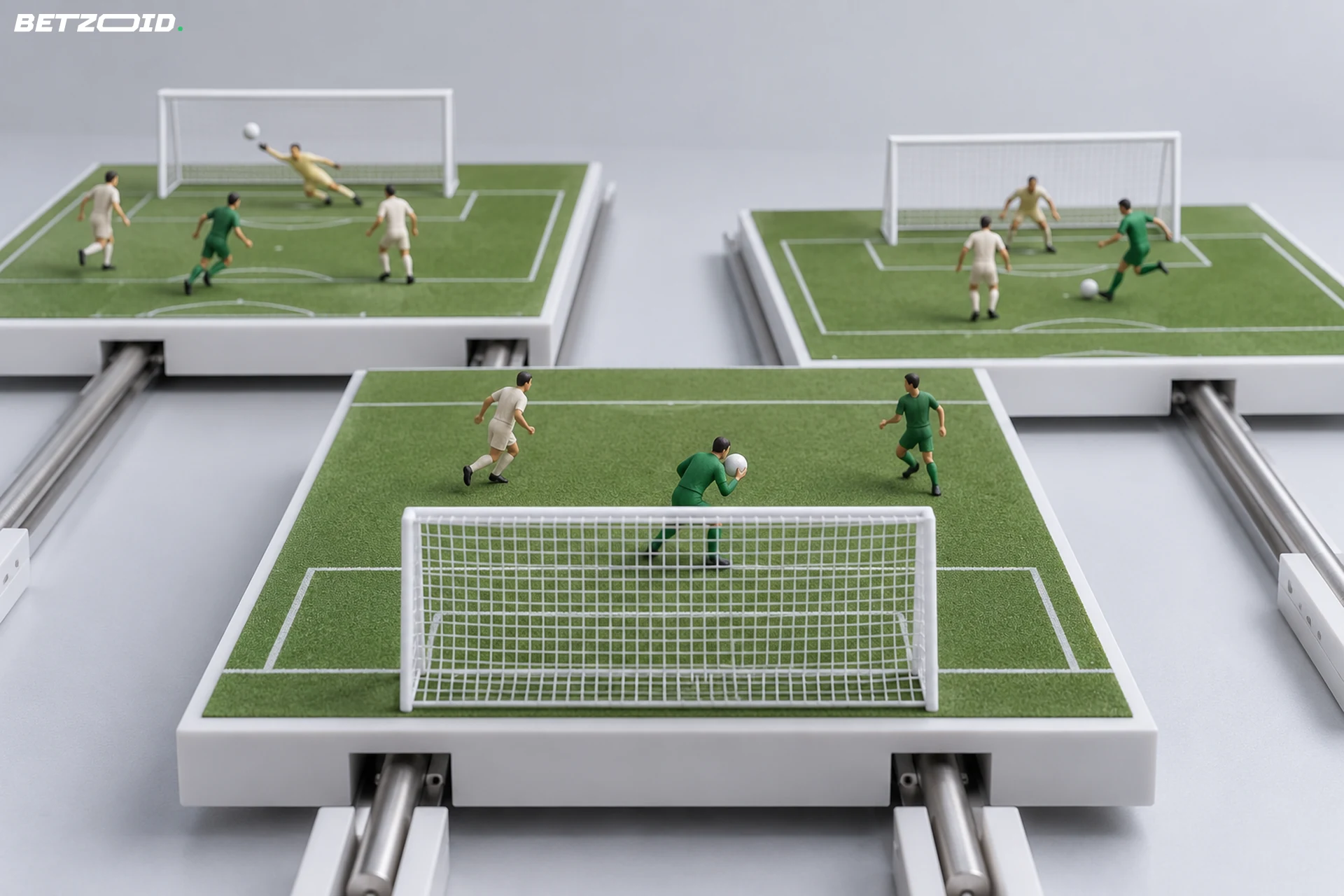 Drei verschiebbare Spielfeldmodelle auf Schienen zeigen verschiedene Situationen vor dem Tor.