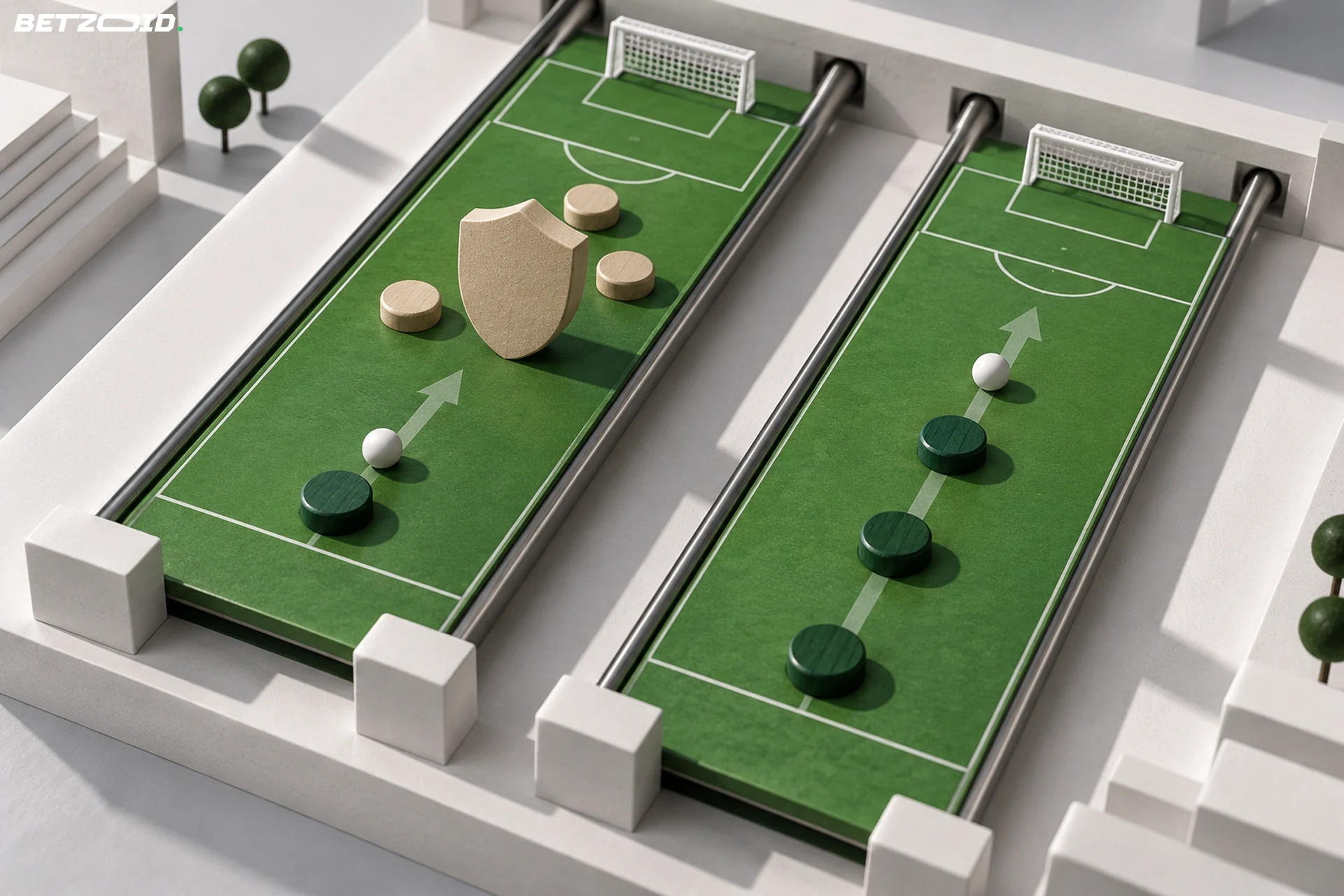 Zwei verschiebbare Spielfeldbahnen zeigen einen blockierten und einen offenen Angriffsweg.