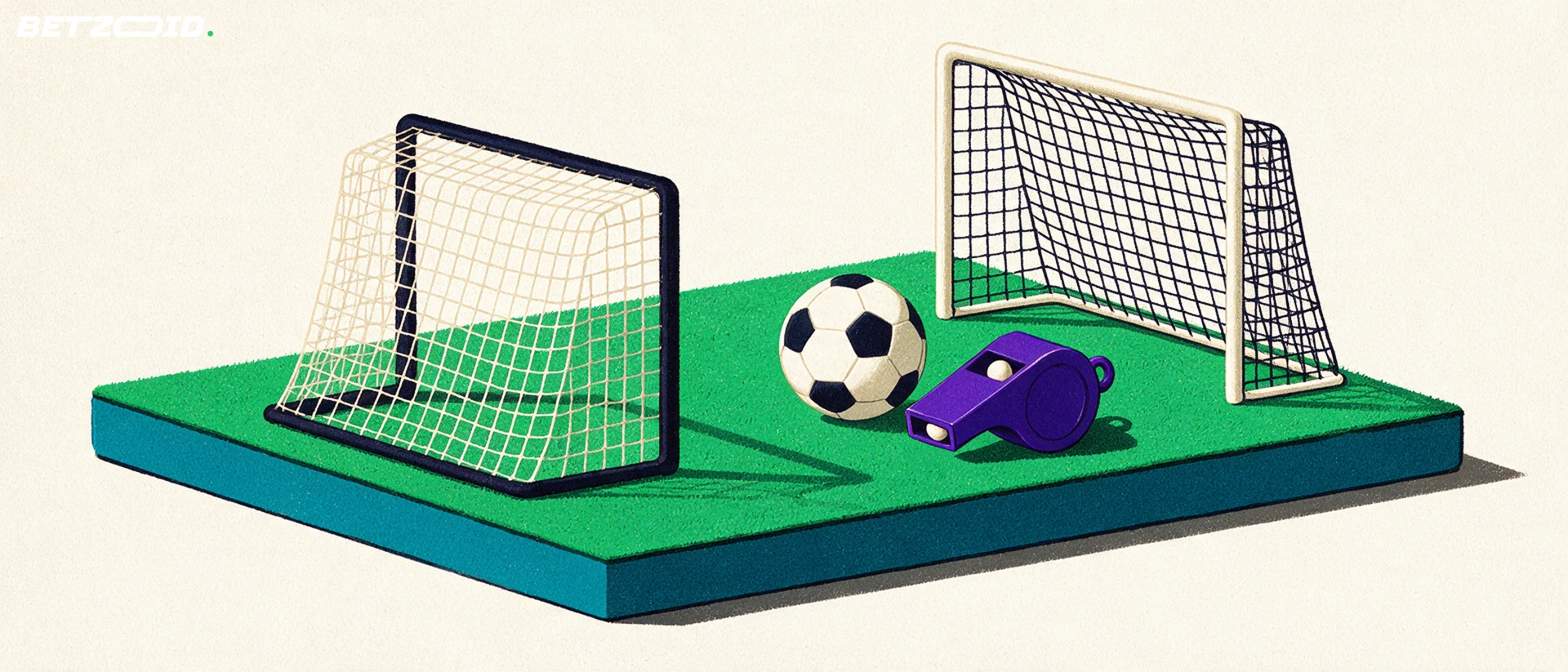 Illustration eines Fußballfelds mit Ball und taktischen Elementen.