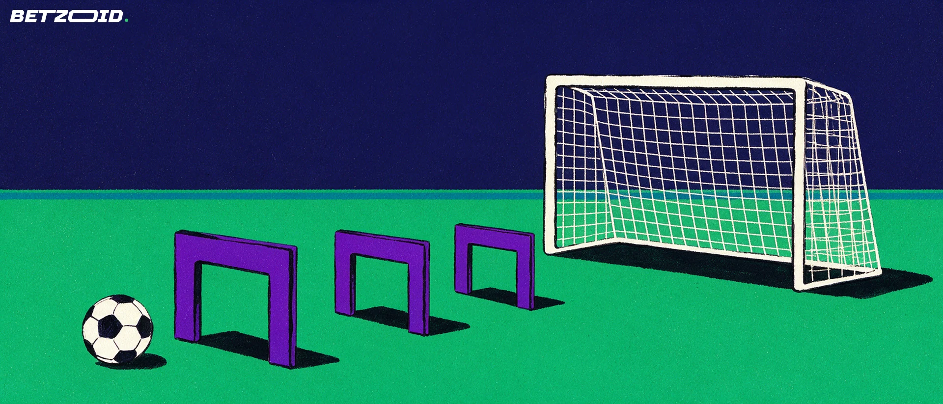 Illustration eines Fußballfelds mit Ball und taktischen Elementen.