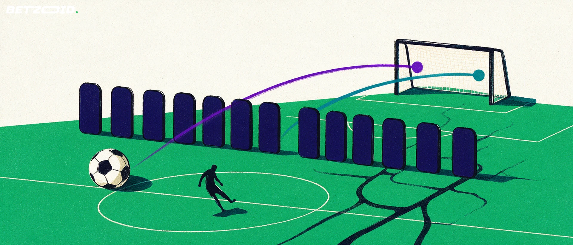 Ilustración de un campo, un balón y el análisis táctico del fútbol.
