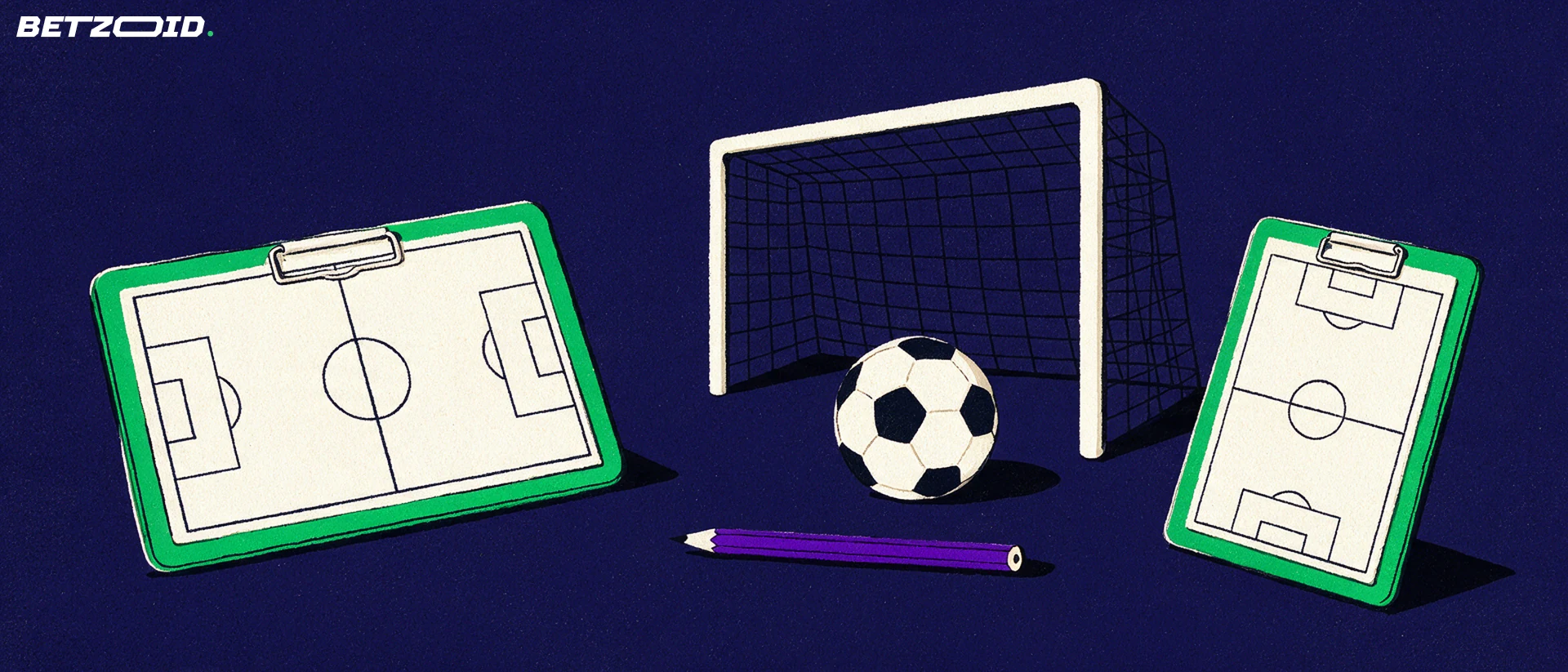 Ilustración de un campo, un balón y el análisis táctico del fútbol.