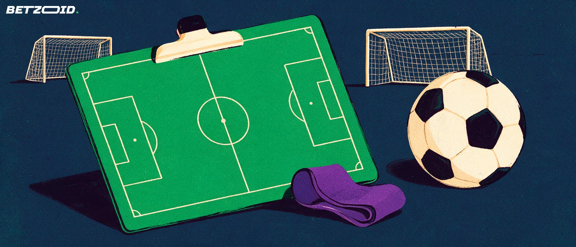 Ilustración de un campo, un balón y el análisis táctico del fútbol.