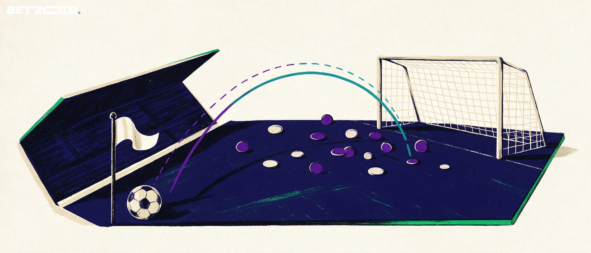 Illustration eines Fußballfelds mit Ball und taktischen Elementen.