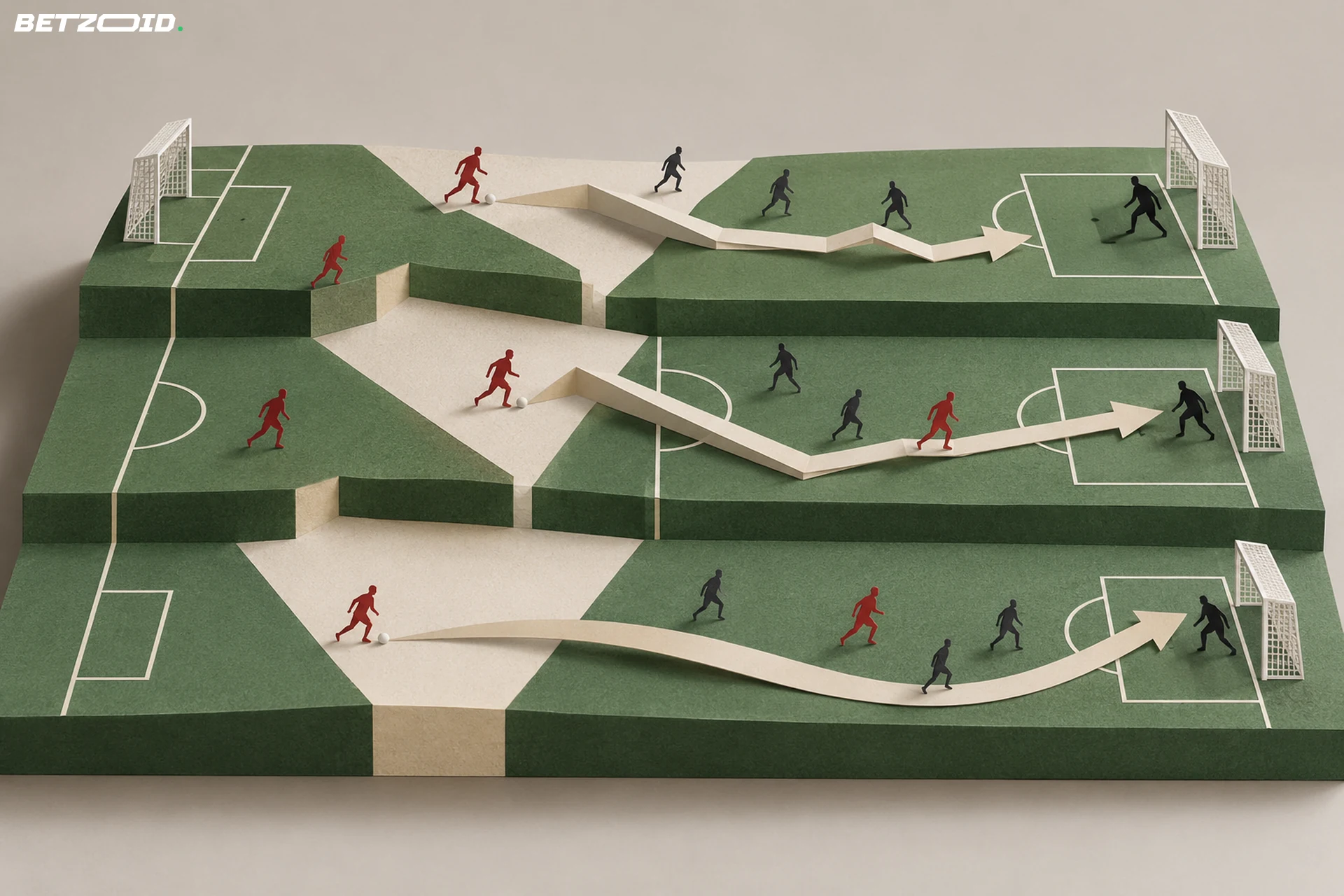 Gestuftes Spielfeldmodell aus Papier mit verschiedenen Angriffswegen und kleinen Spielerfiguren.