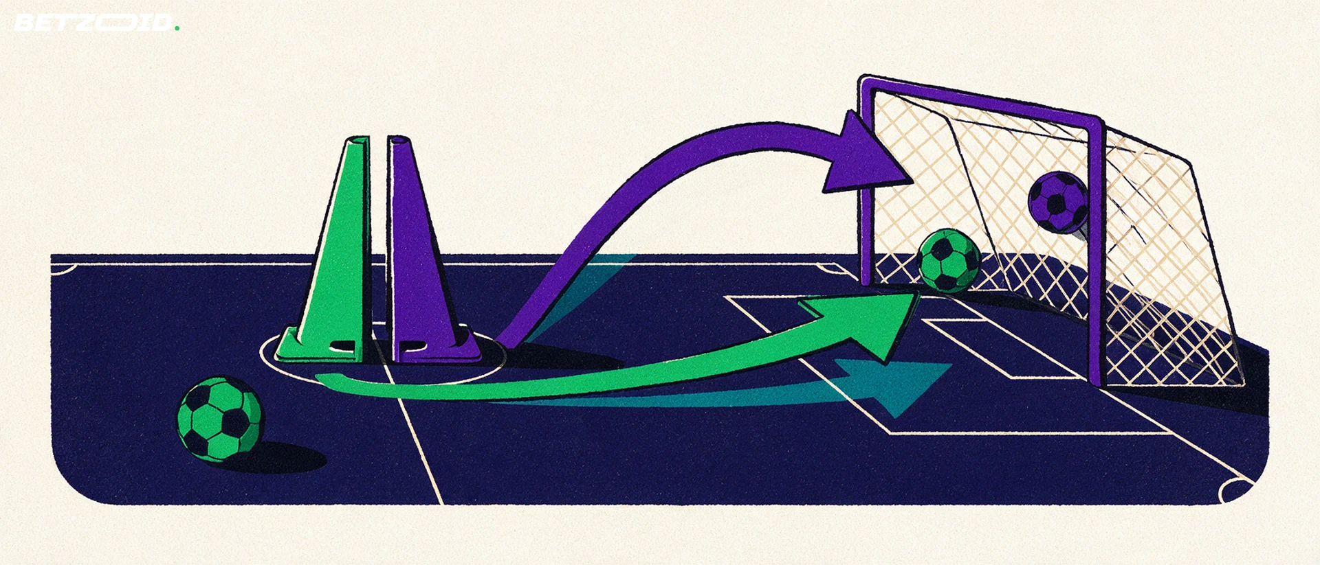 Illustration af en fodboldbane, en bold og taktisk analyse.