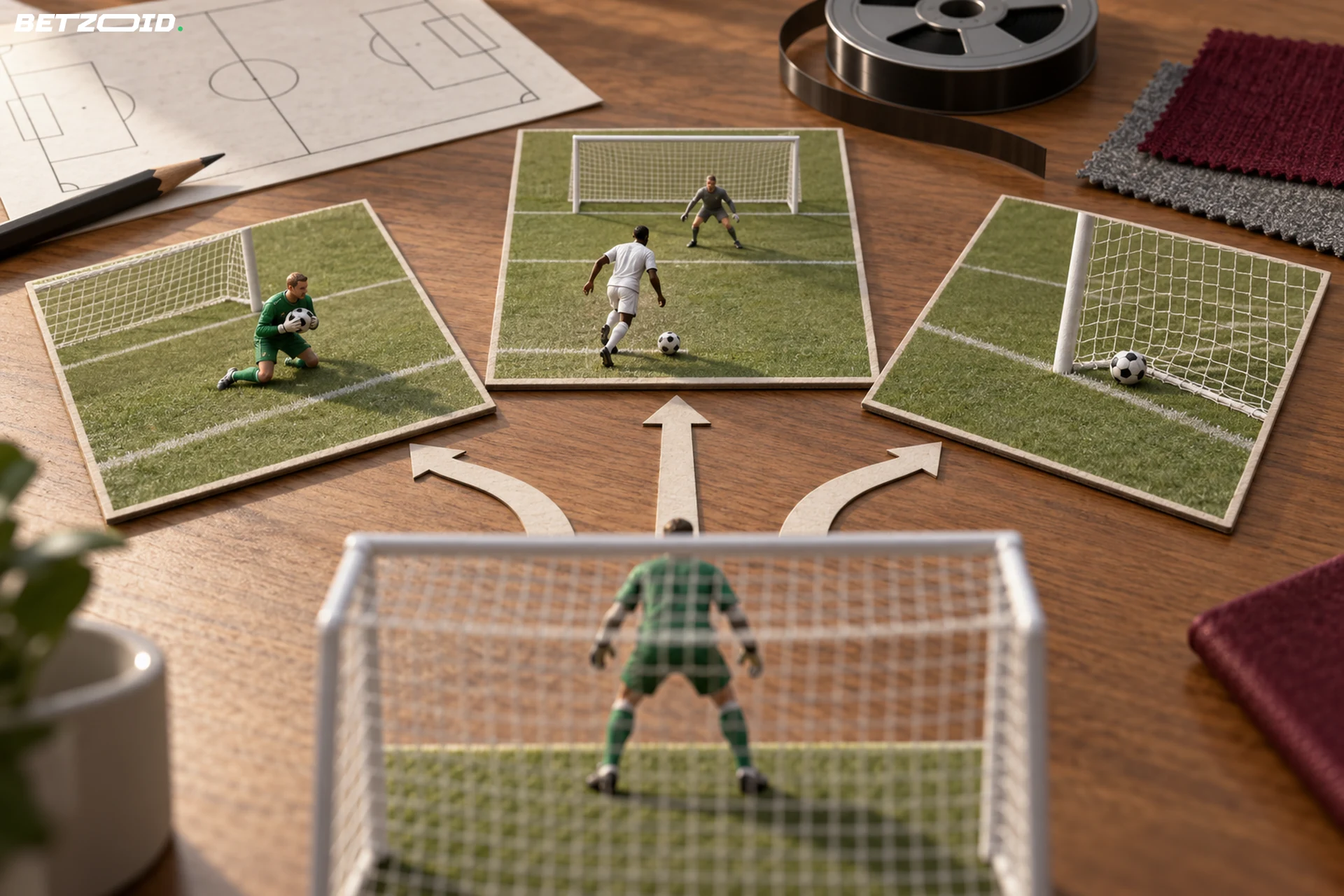 Miniature goalmouth scenes branch across a desk beside a pitch sketch, tape reel and fabric swatches.