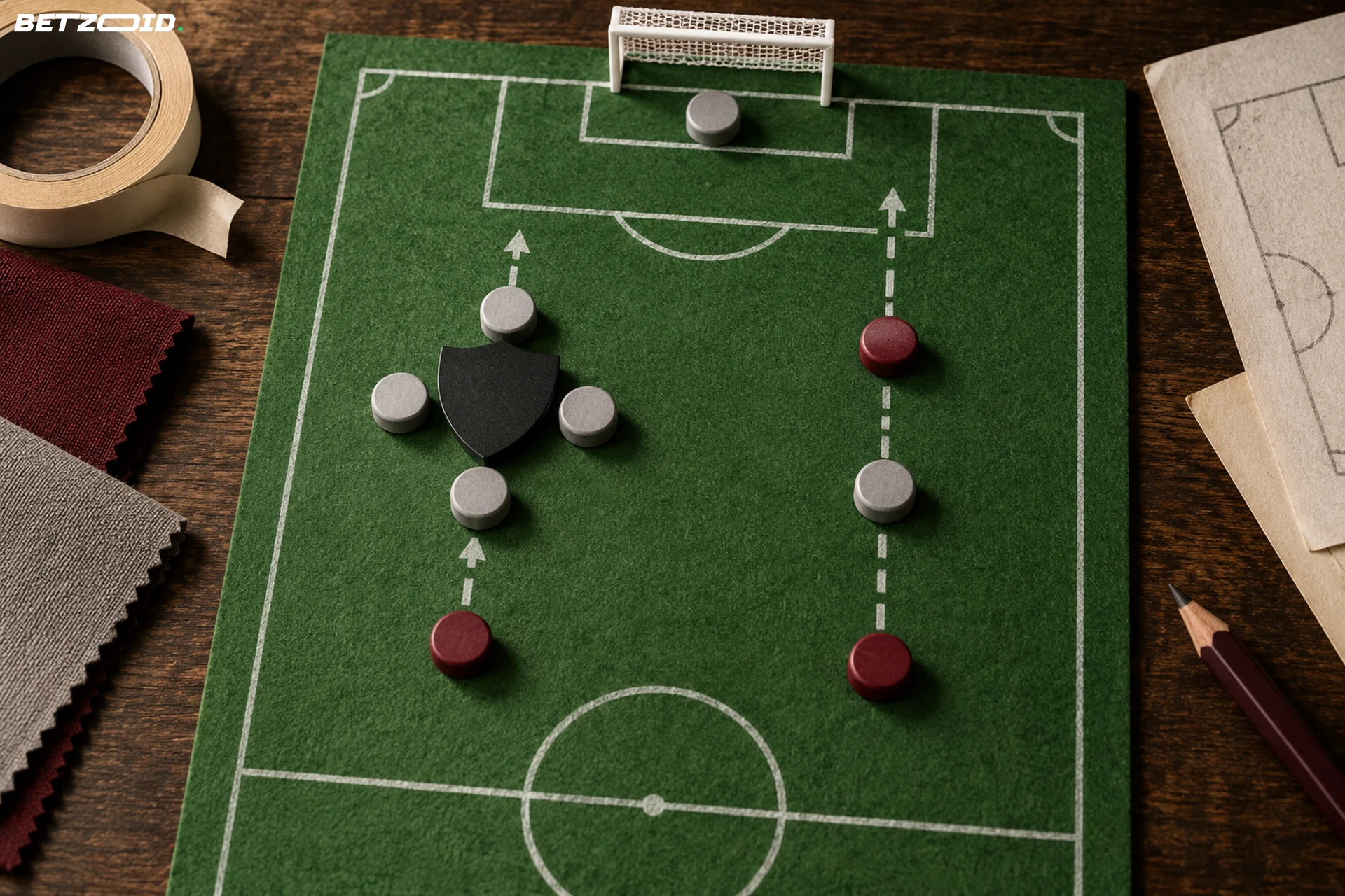 A shield-shaped block interrupts one of two attacking routes on a felt pitch beside plain fabric swatches.