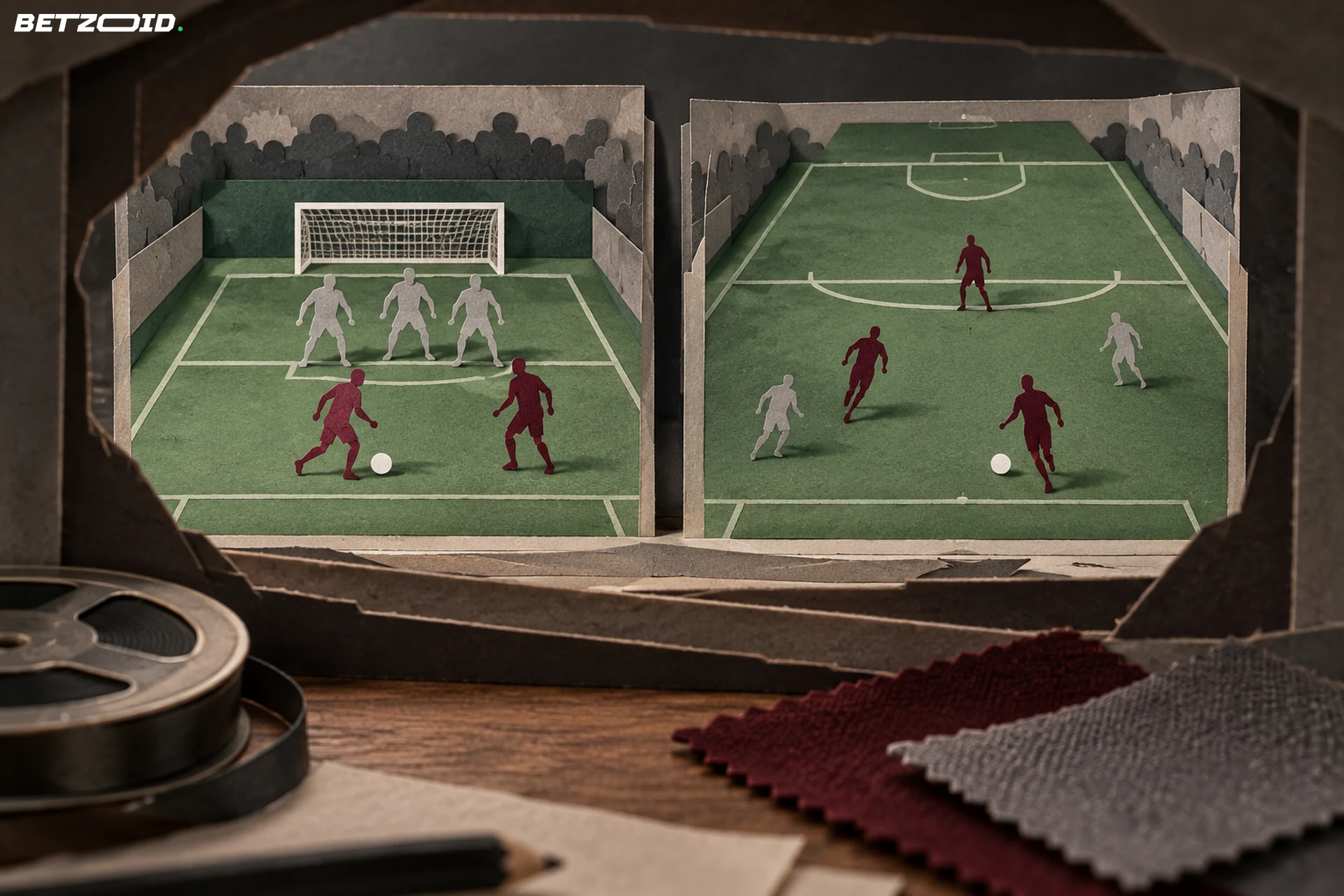Two paper theatre scenes compare a compact defence with a more advanced attacking shape.