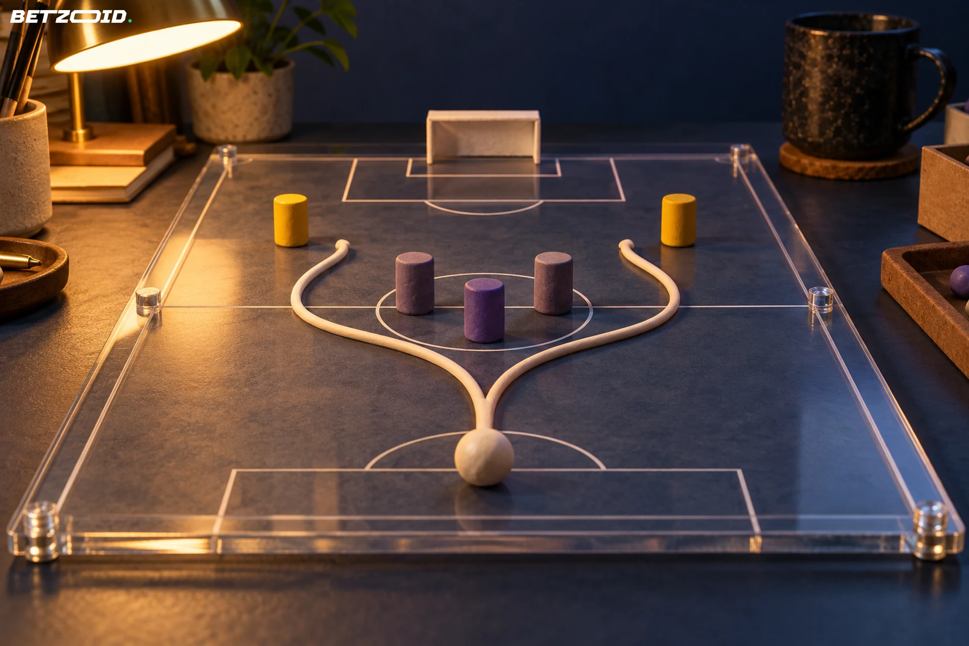 A cord branches around midfield markers on a transparent football model under warm desk light.