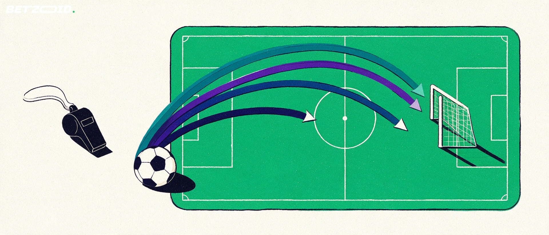サッカーのピッチ、ボール、戦術分析を描いたイラスト。