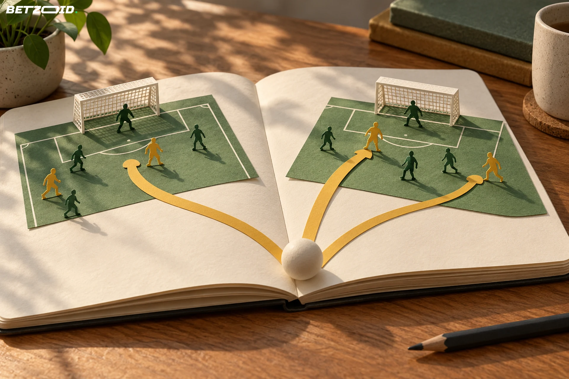 Paper attacking routes branch across two miniature goal scenes on an open notebook.