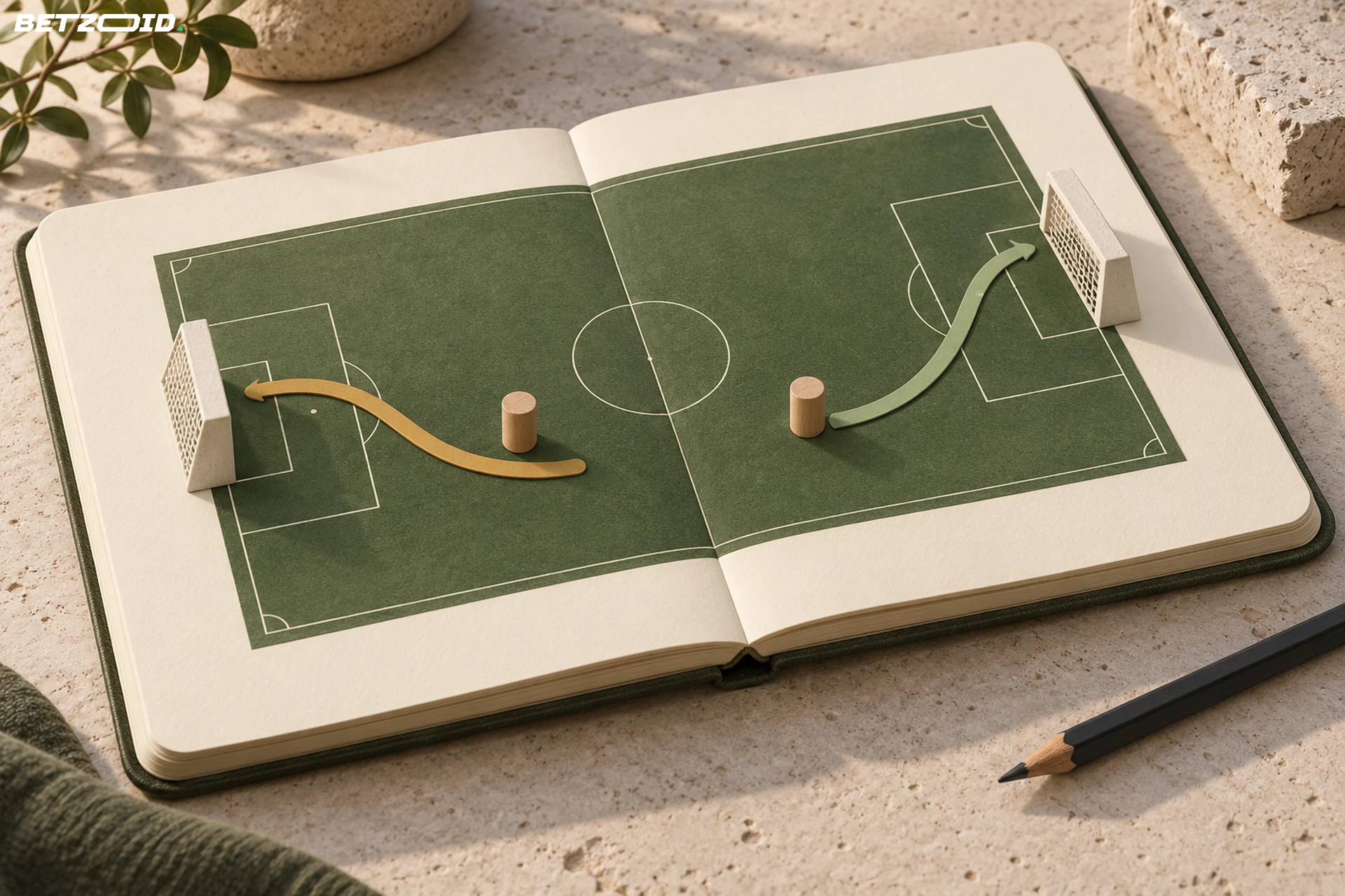 Two separate routes lead from midfield towards opposite goals on a miniature notebook pitch.