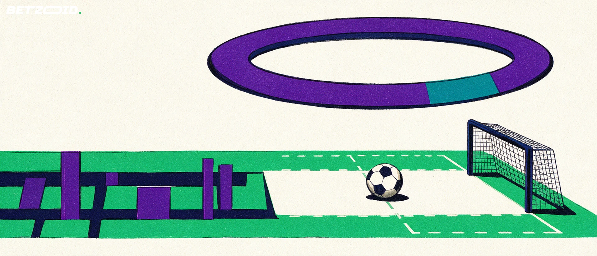 Ilustrācija ar futbola laukumu, bumbu un taktiskās analīzes elementiem.
