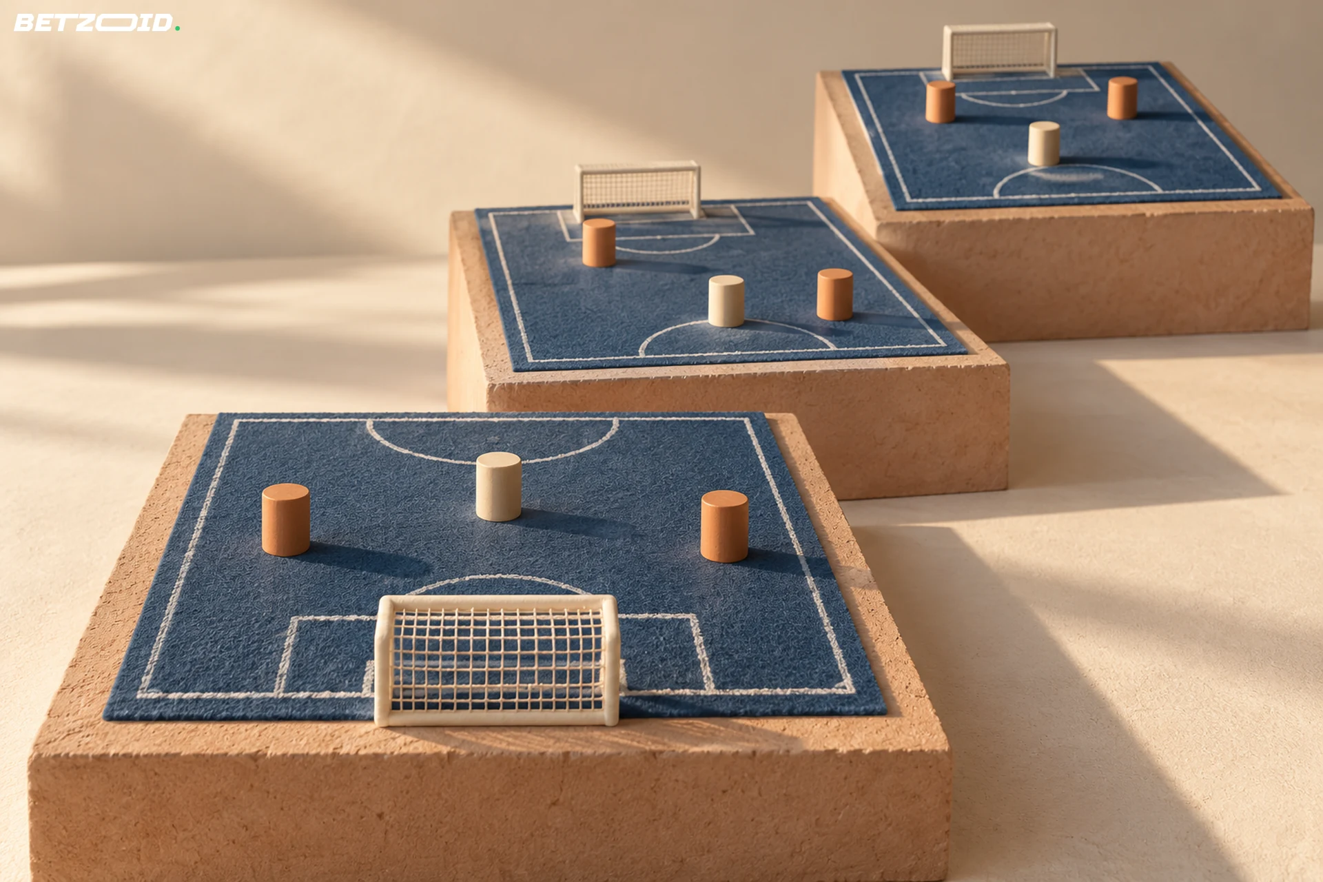 Tres maquetas de media cancha con distintas posiciones para comparar escenarios de marcador.