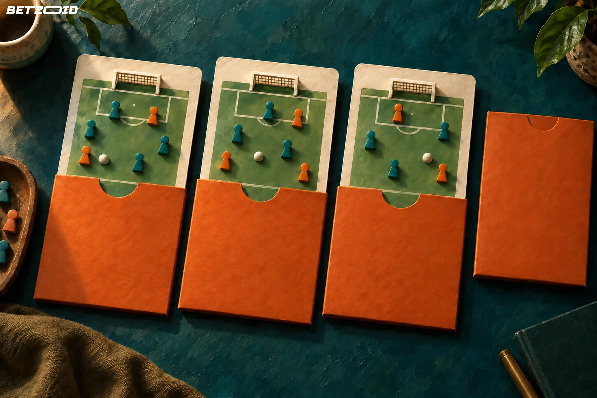 Three partially revealed cards show different player arrangements near miniature goals.