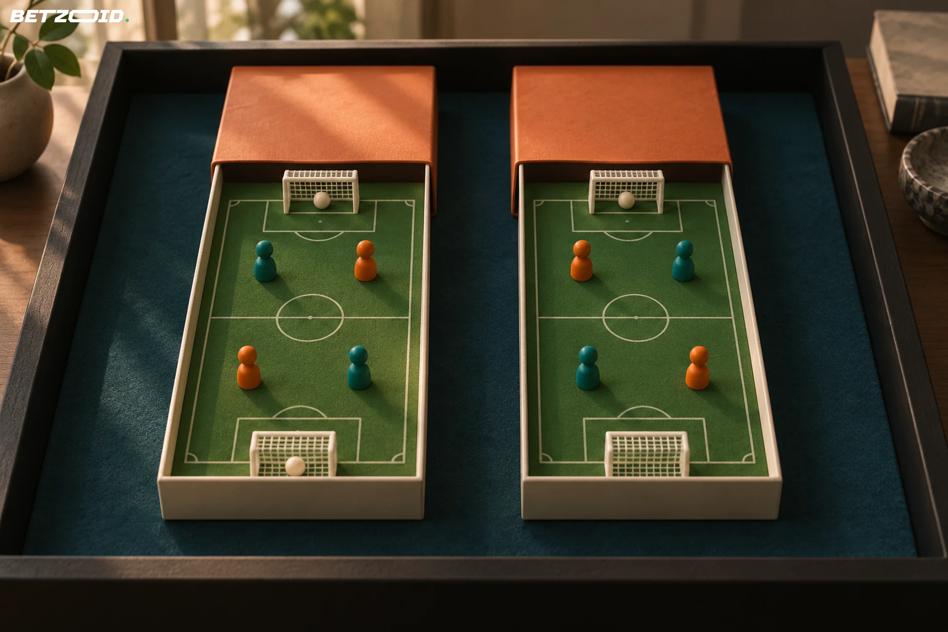 Two pitch panels contrast balls in both goals with a ball at only one end.