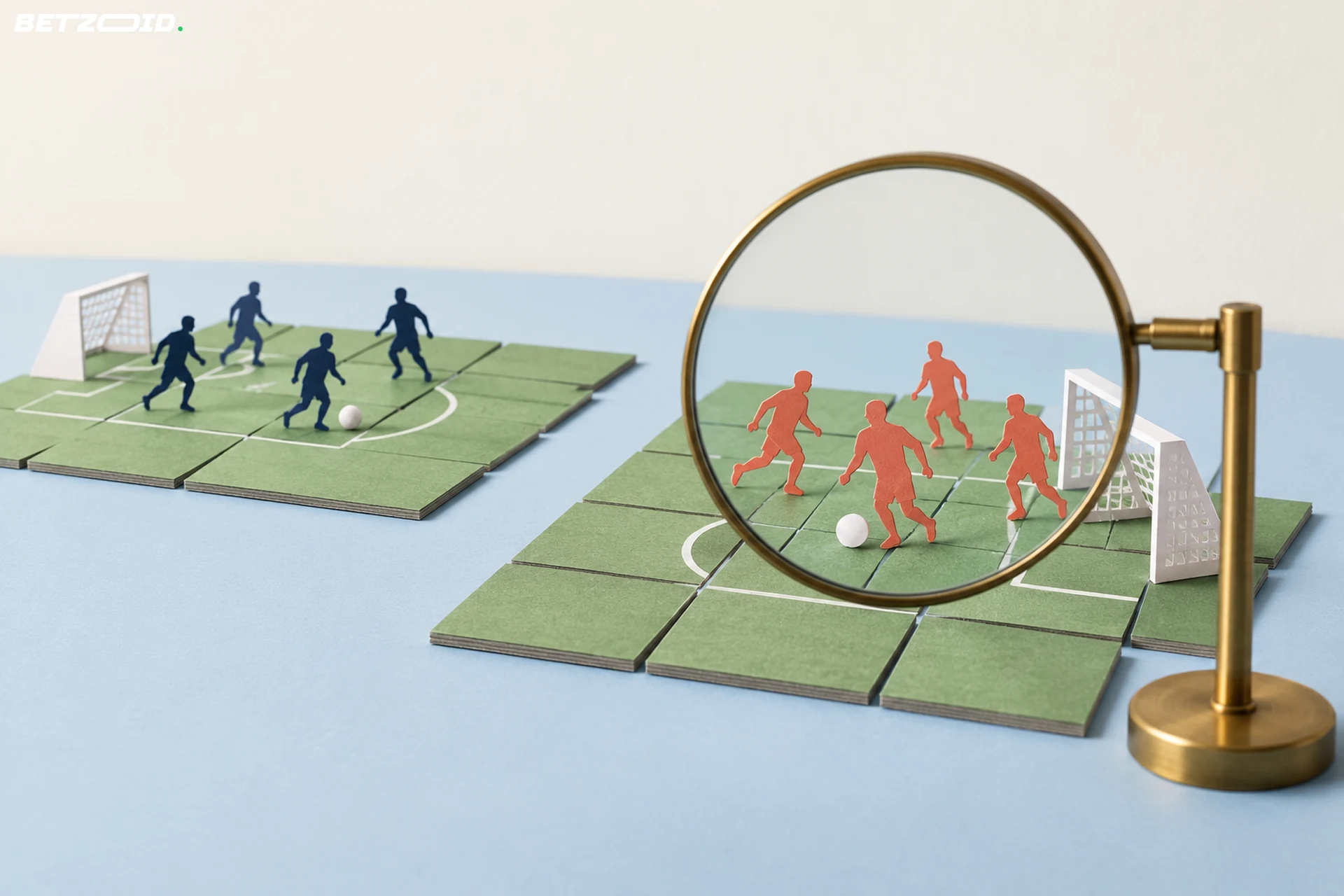 Papieren spelers op twee losse veldmodellen, waarbij een vergrootglas de voorste groep uitlicht.