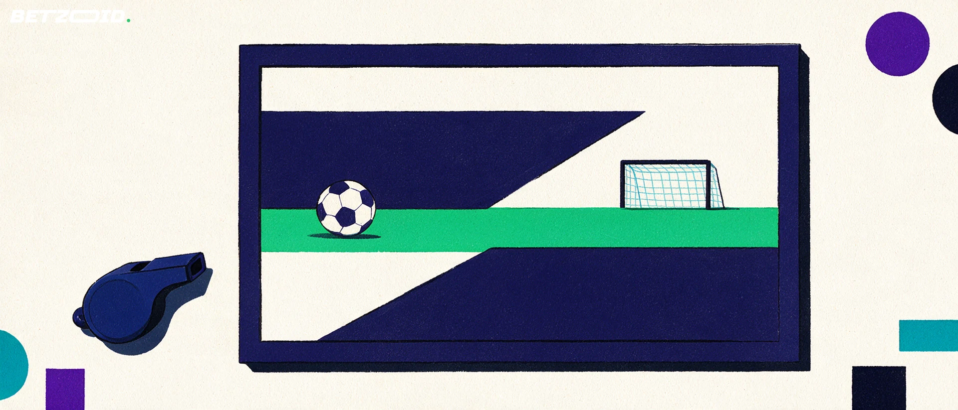 Illustratie van een voetbalveld, bal en tactische analyse.