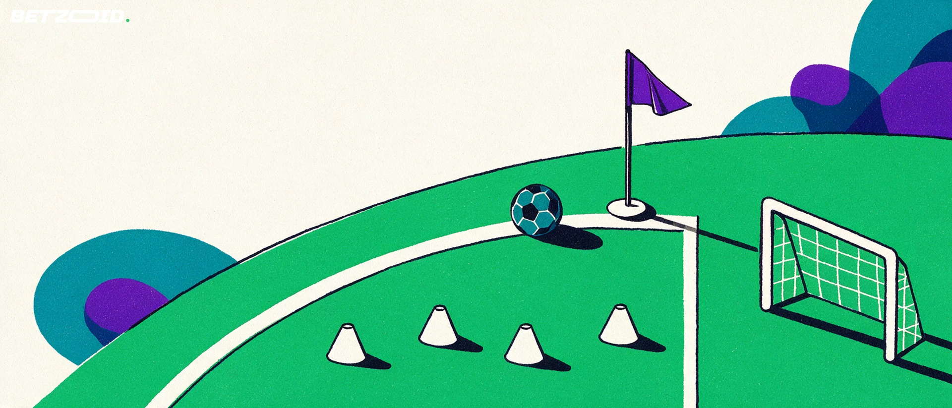 Illustrasjon av en fotballbane, en ball og taktisk analyse.