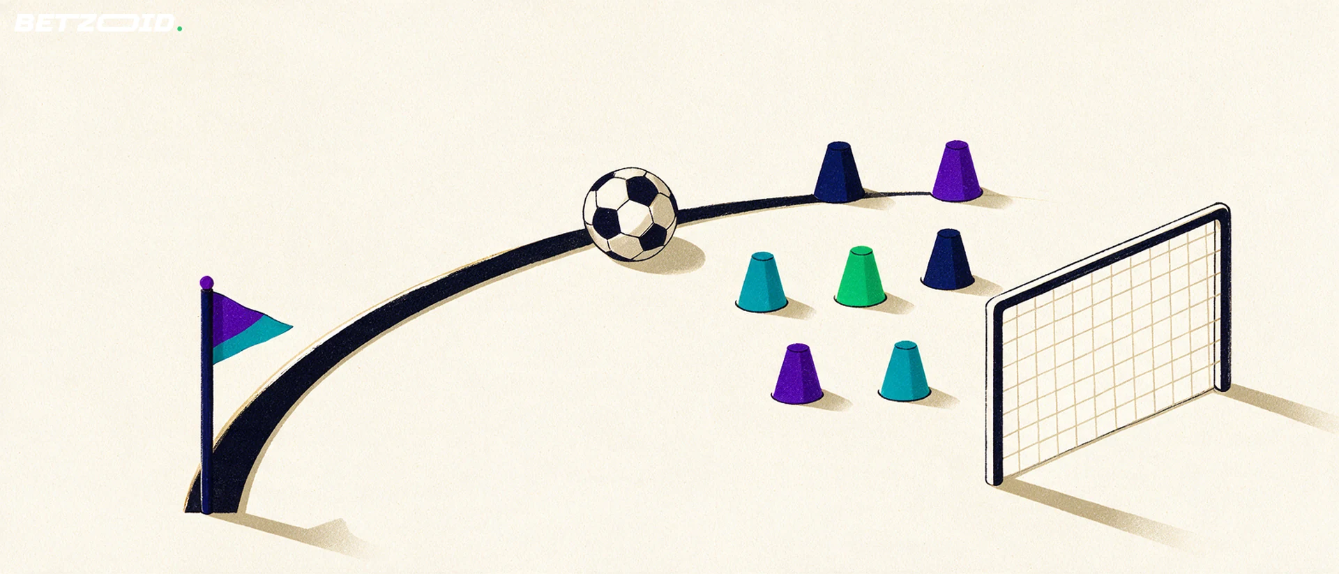 Illustrasjon av en fotballbane, en ball og taktisk analyse.