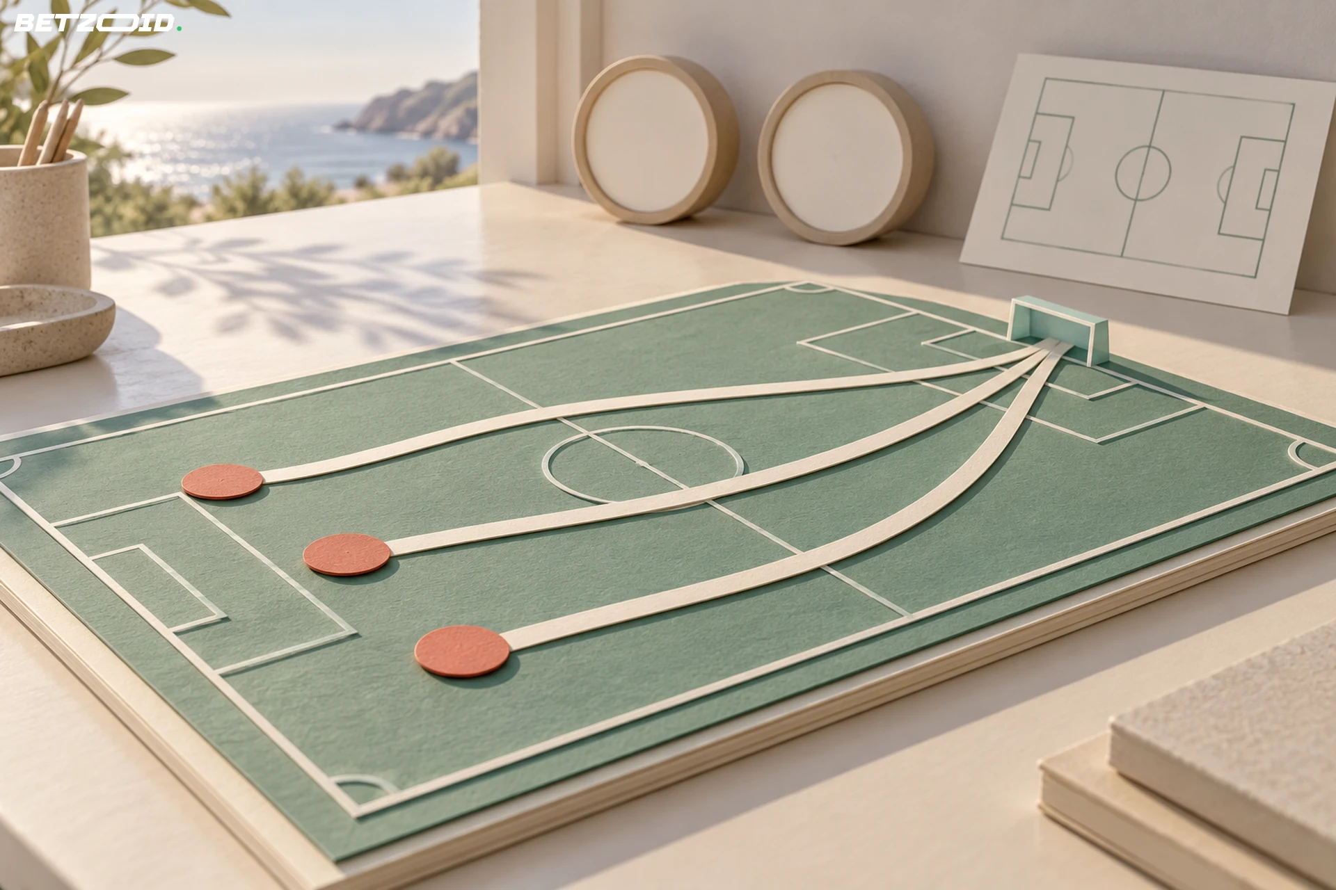 Three curved paper routes lead towards a small goal on a model pitch beside two blank clock faces.