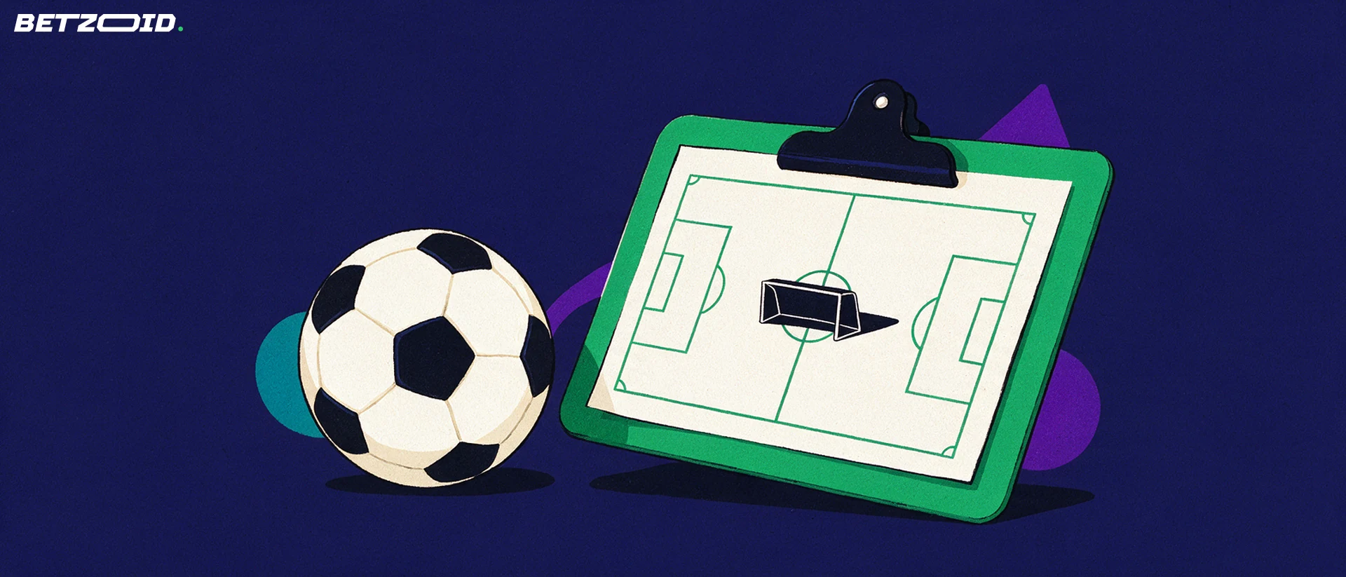 Illustration of a football pitch, ball and tactical analysis.