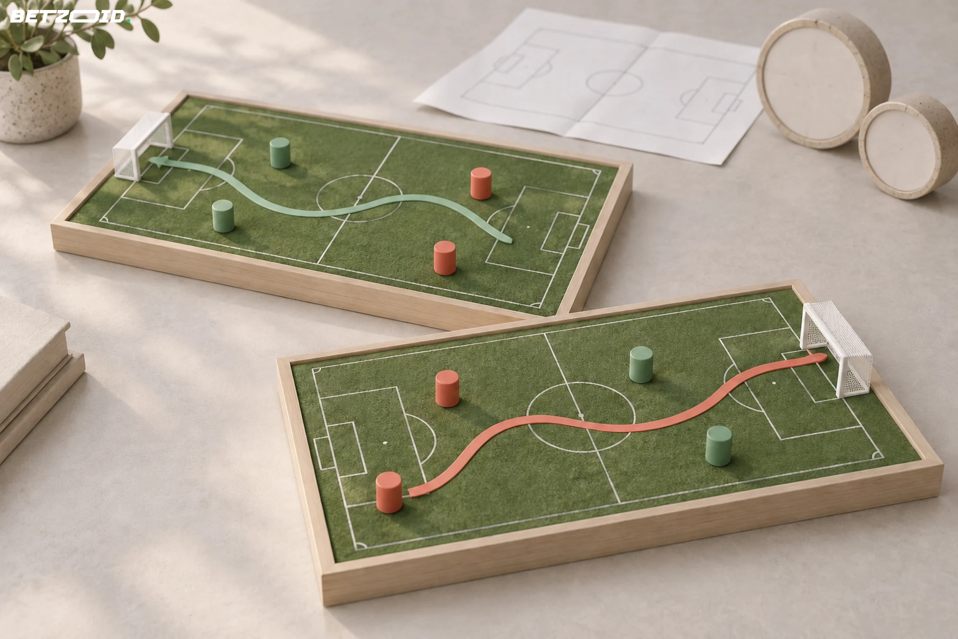Two miniature pitches show separate curved routes towards goals at opposite ends.