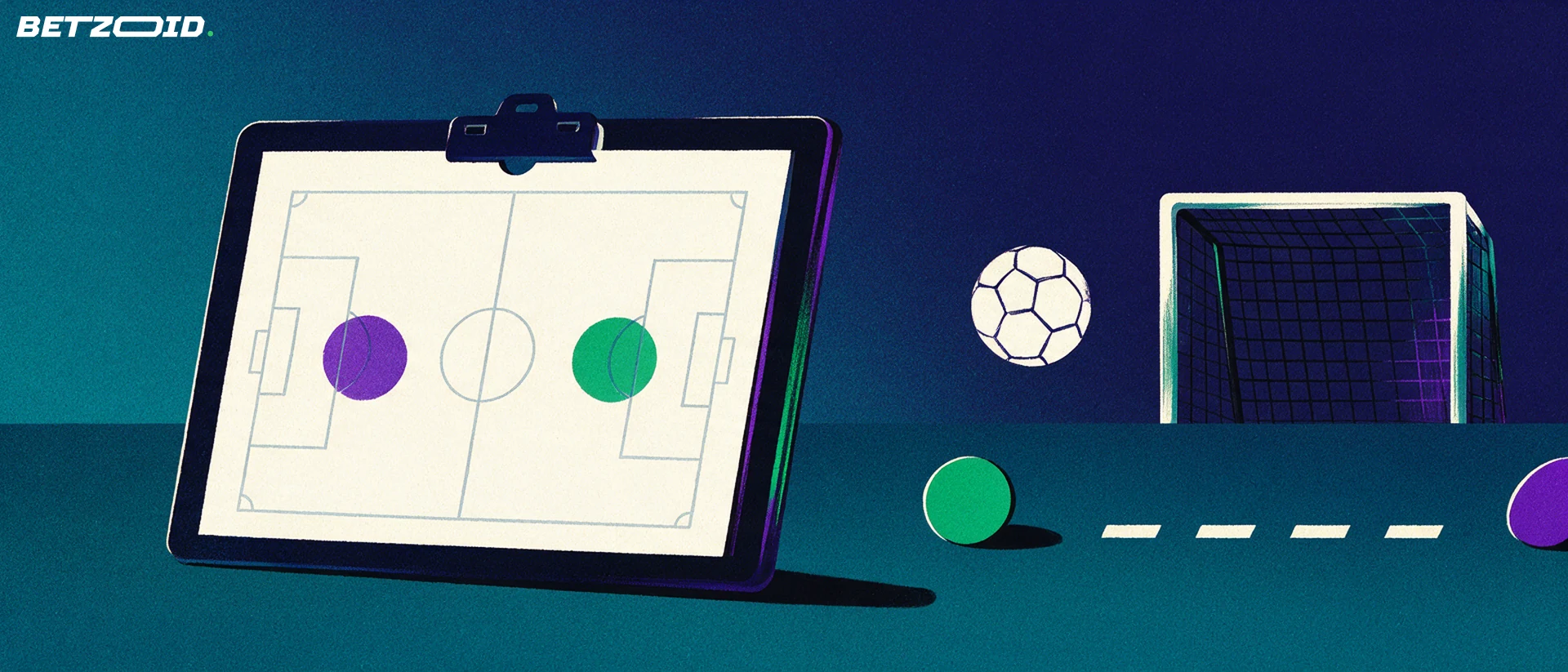 Illustration of a football pitch, ball and tactical analysis.