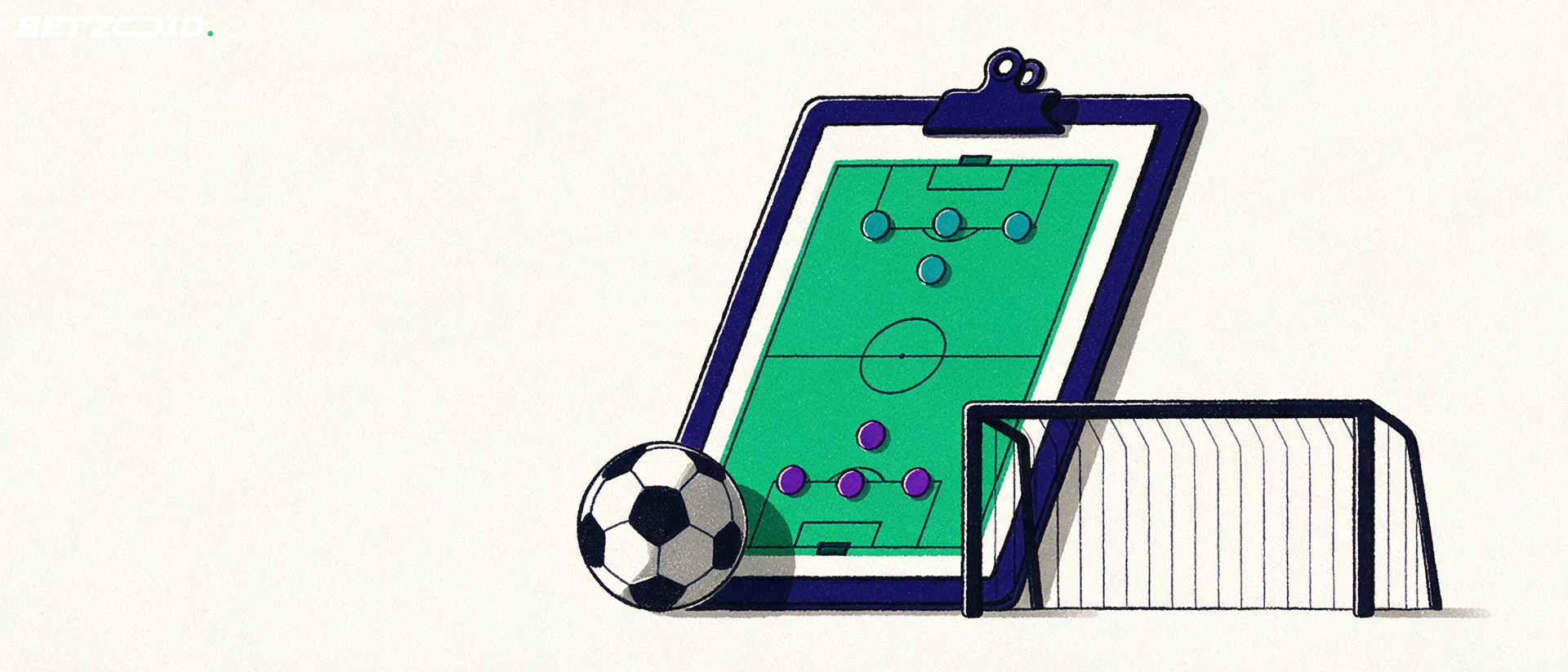 Illustration of a football pitch, ball and tactical analysis.