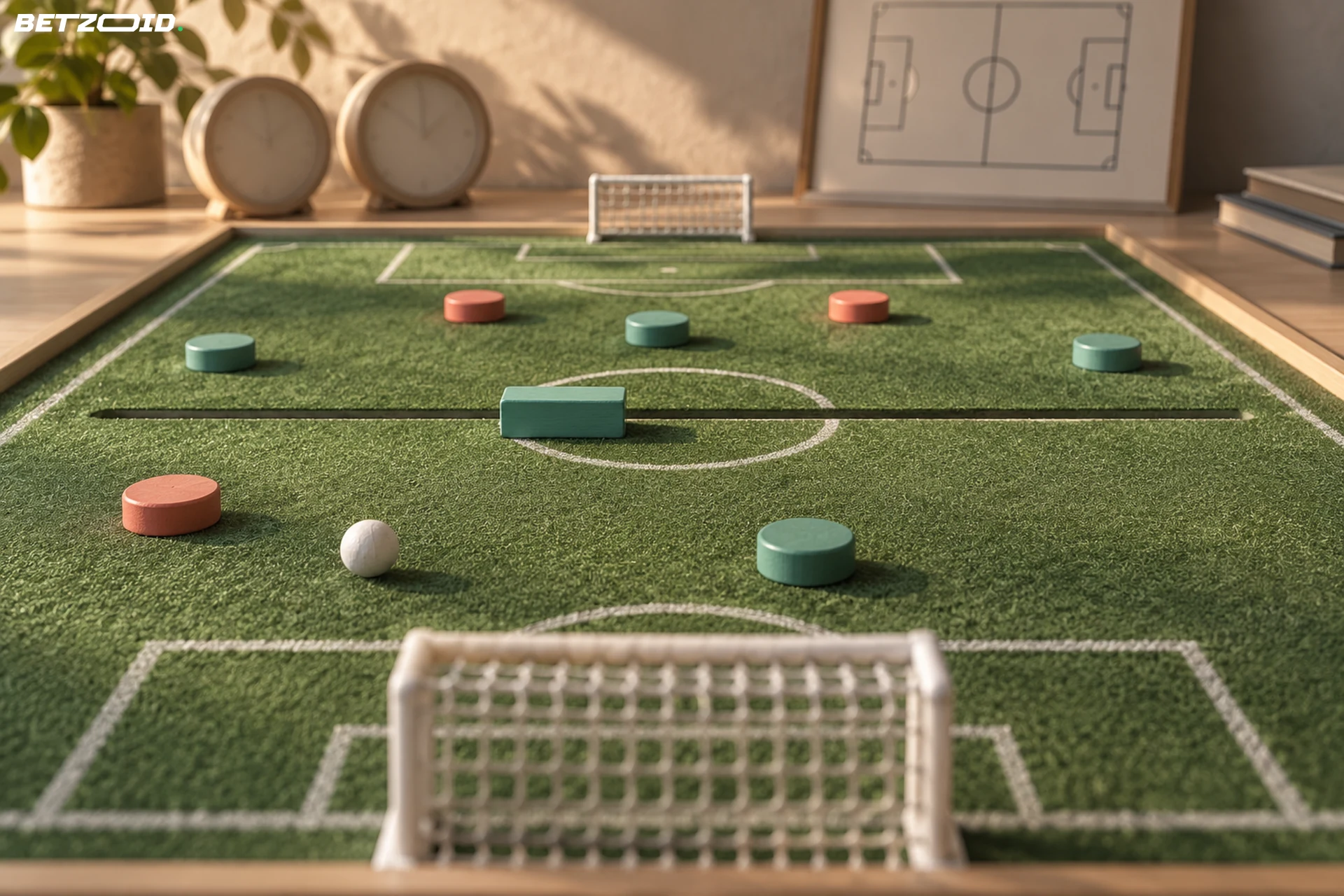 A sliding midfield block leaves space between coloured discs on a miniature football pitch.