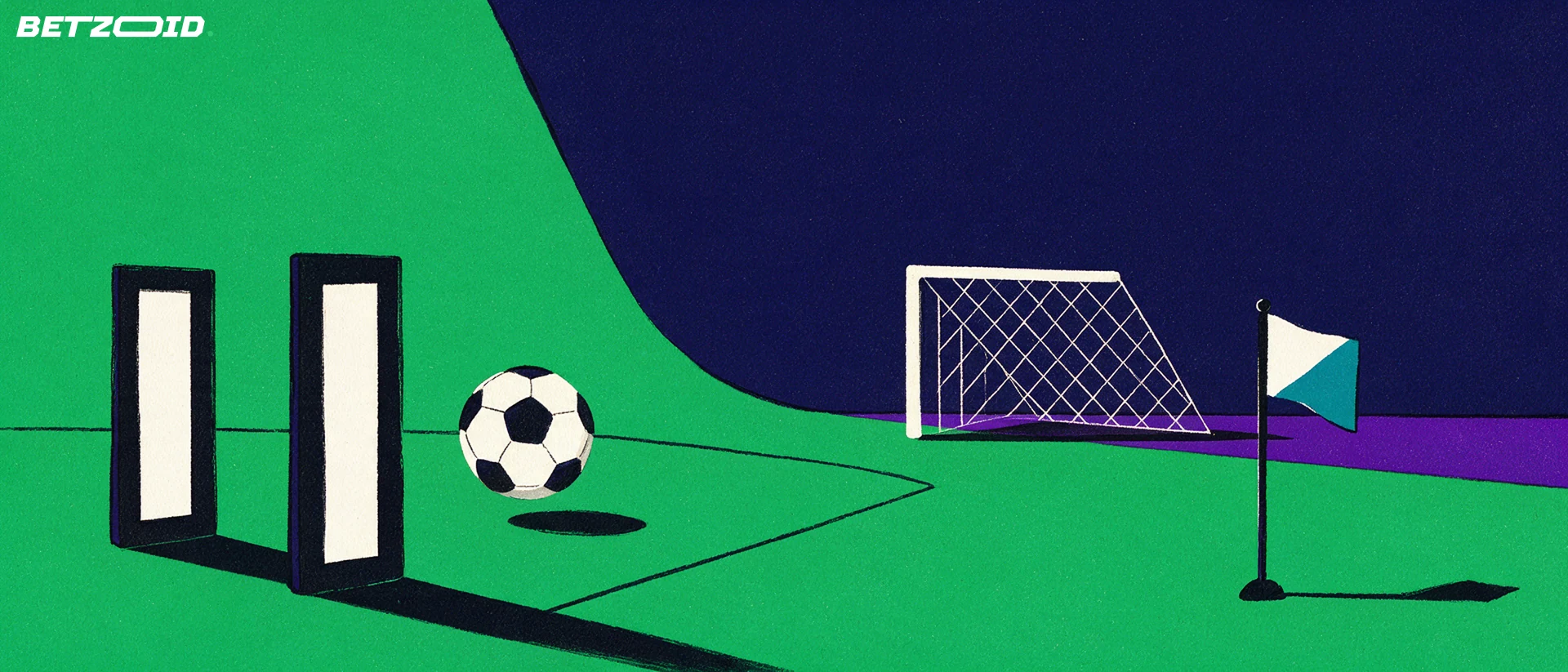 Illustration av en fotbollsplan, en boll och taktisk analys.