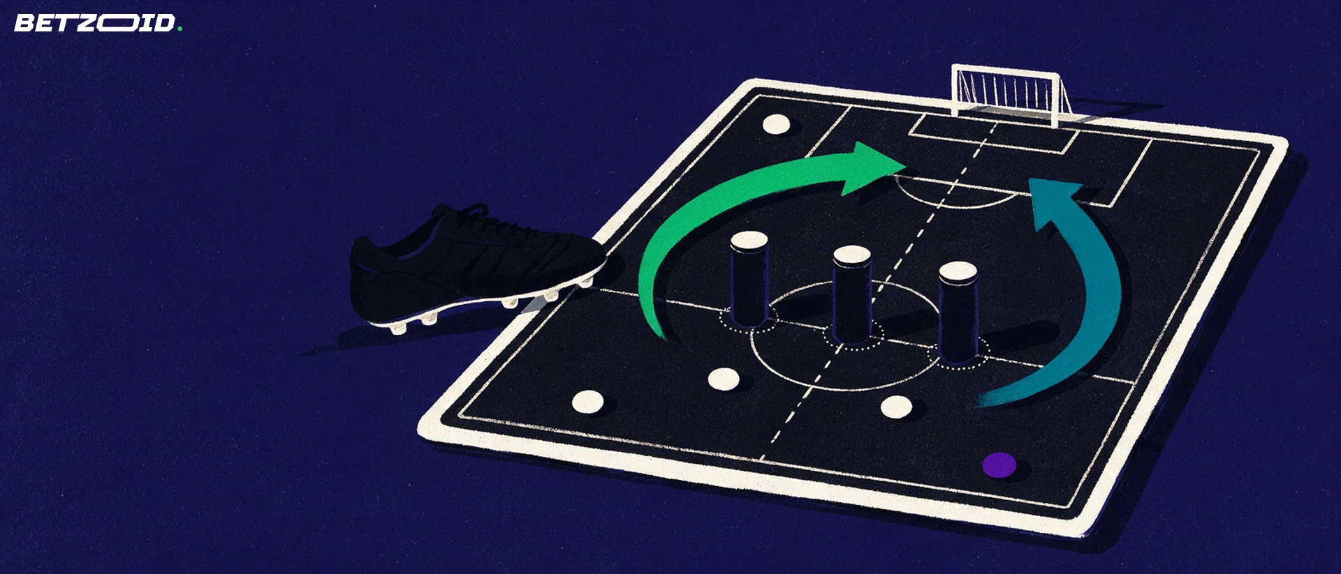 Illustration of a soccer tactics board with alternative routes around a defensive barrier.