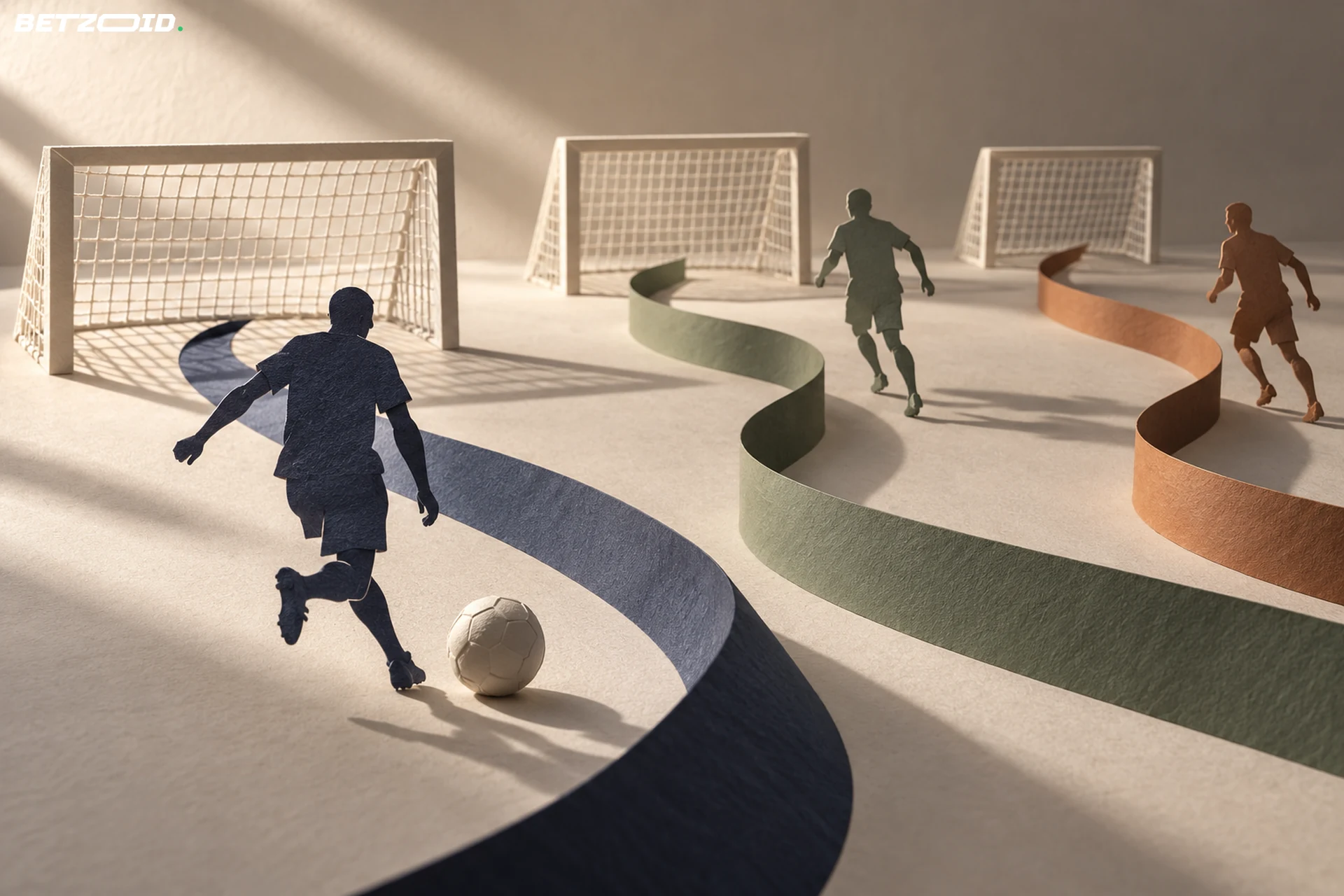 Paper soccer figures and curling paths leading toward three separate miniature goals.