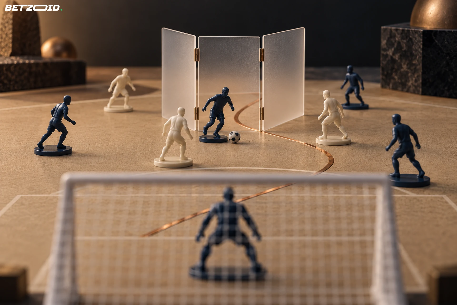 Miniature soccer figures around a folding translucent screen, seen from behind a small goal.