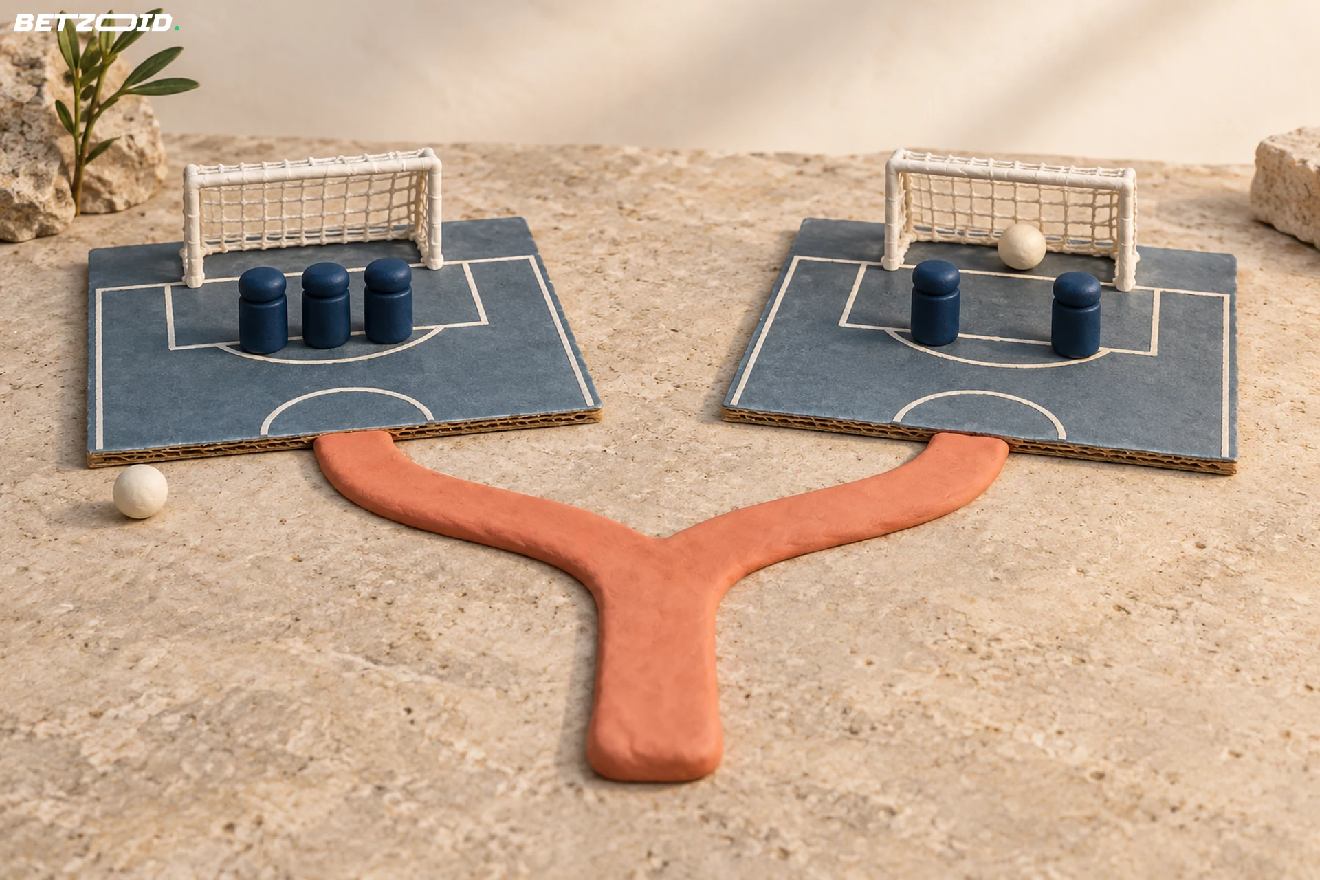 A clay route branches towards a compact defence and a separate goal with a ball inside.