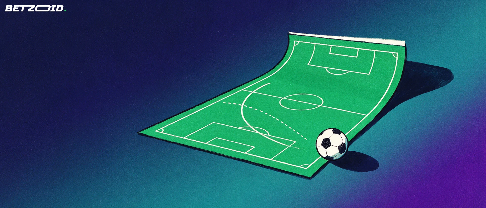 A football pitch and ball with two contrasting passing routes.